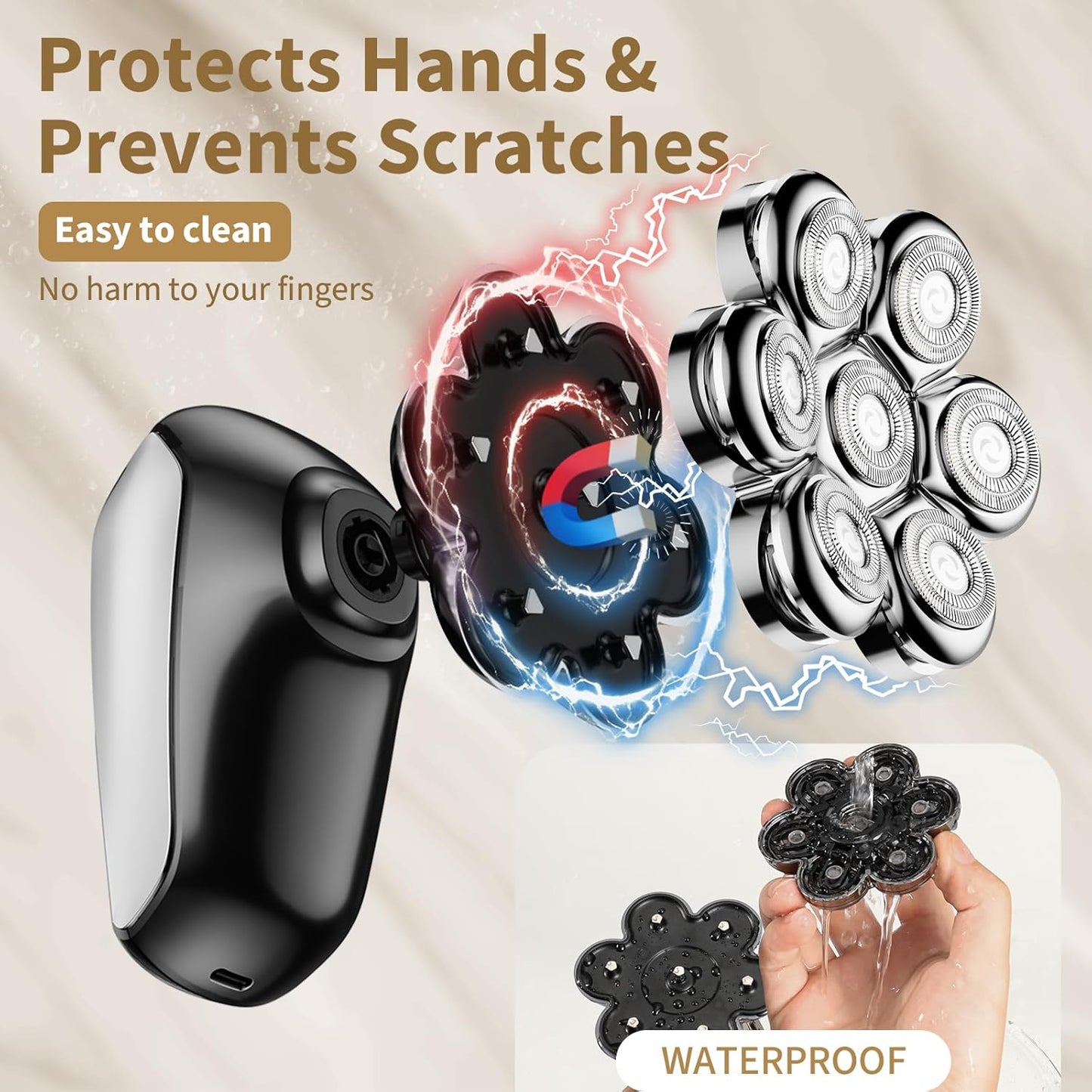 Detachable Head Shavers, SHPAVVER 5 in 1 Electric Razor IPX7 Waterproof for Bald Men, Wet Dry LED Display Rechargeable 7D Rotary Shaver Grooming Kit with Type C Charge A，Bright Silver