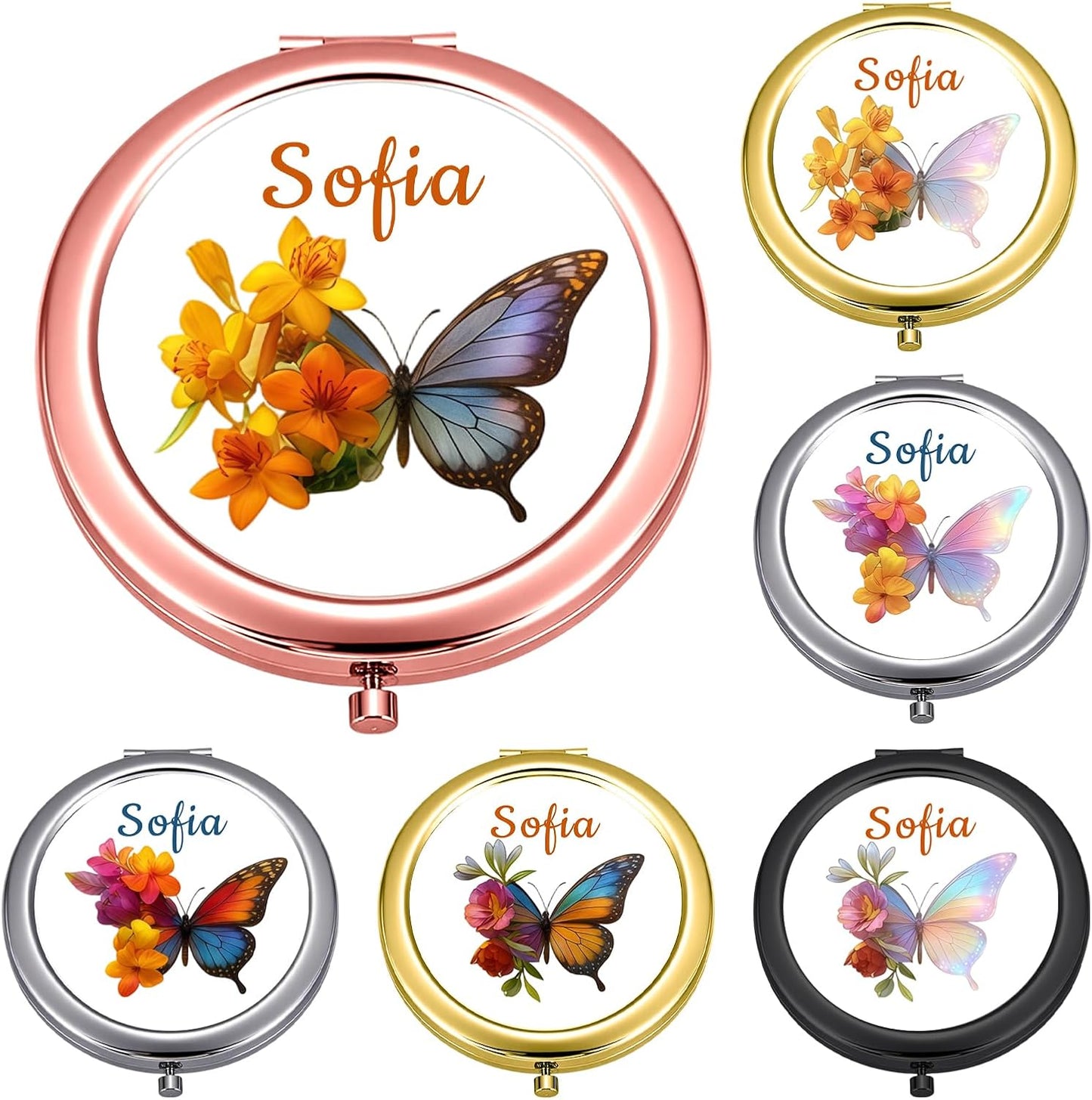 Custom Compact Mirror with Name - Personalized Flip Makeup Travel Pocket Mirror Gift for Women Bridesmaids Wedding Birthday (Butterfly Flower)