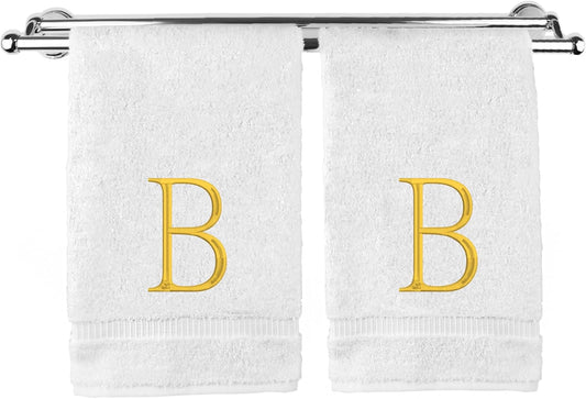 Monogrammed Hand Towel, Personalized Initial Gift, Extra Absorbent 100% Turkish Cotton - Soft Terry Finish - Set of 2 - Gold Block Initial B - Embroidered on White Towels