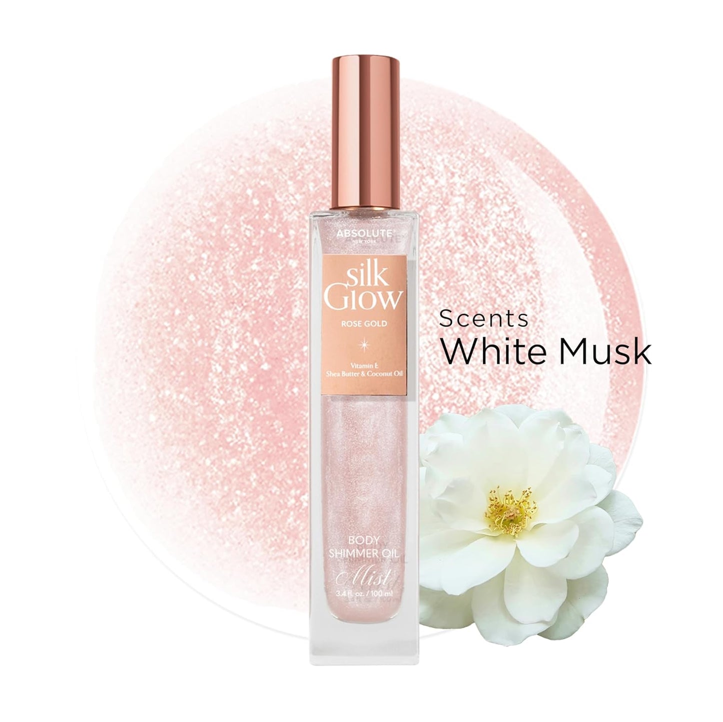 Absolute New York - Silk Glow Shimmer Mist Glow, Radiant, Shimmer Body & Face & Hair, Shea Butter, Coconut Oil, Vitamin E (SBGS03 Champagne Gold Mist, 3.4 fl oz)