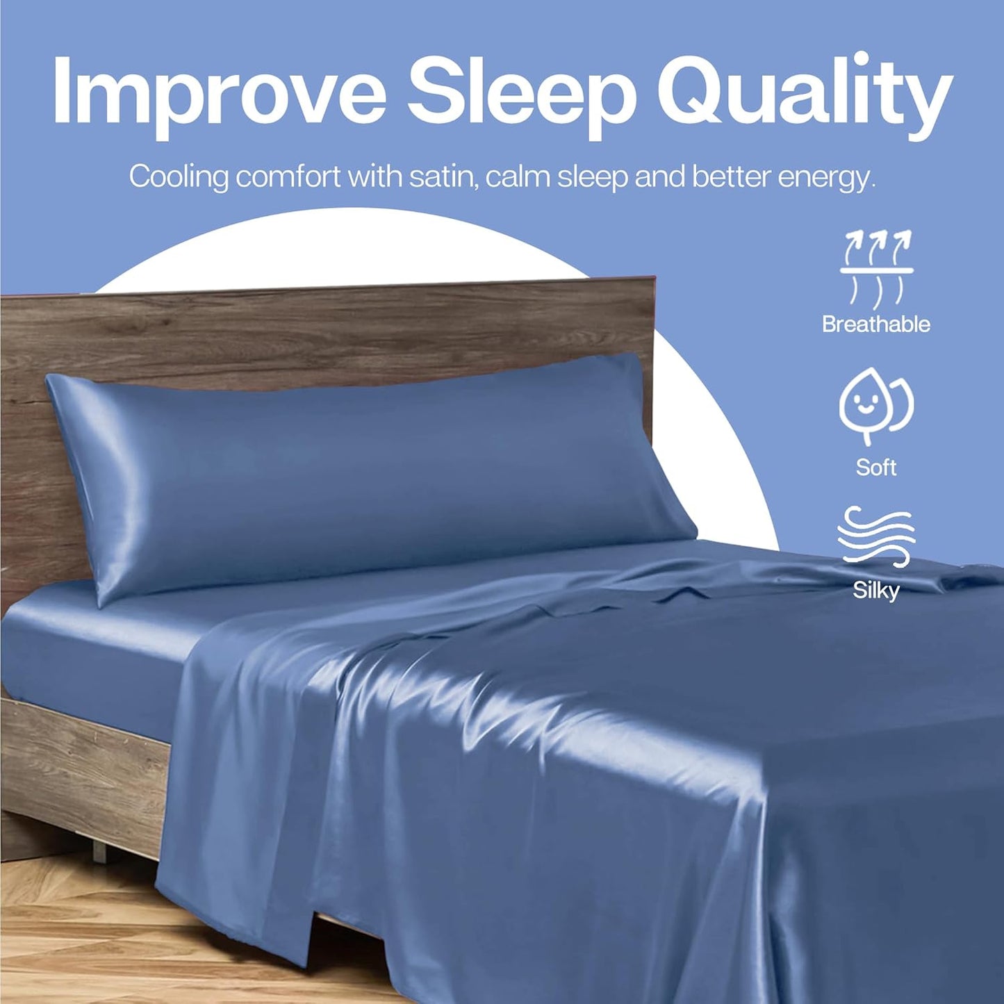 MR&HM Satin Body Pillow Cover, Soft and Breathable Body Pillow Case with Envelope Closure, Cooling and Silky Long Pillowcase for Hair and Skin,Grey (20x54, Sky Blue)