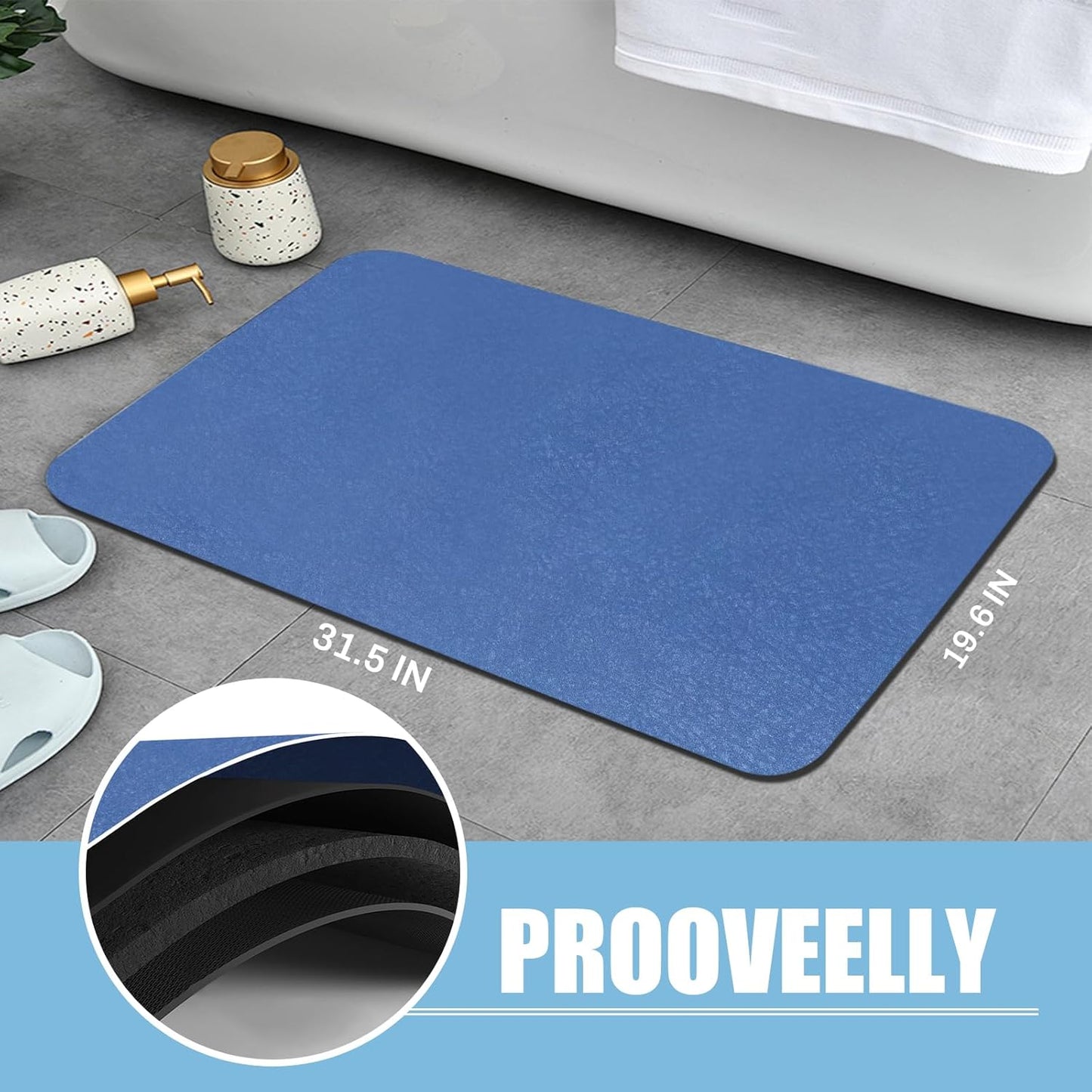 Diatomaceous Earth Bath mat Bathroom Rugs Super Absorbent Quick Dry Non Slip Bath Mat Thin Bathroom Floor Mats Fit Under Door-Shower Rug for in Front of Bathtub Shower, Blue, 19.6"x31.5"
