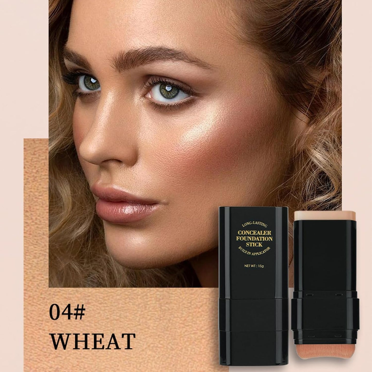 Foundation Stick, 2 in 1 Dual-Ended Long-Lasting Concealer Foundation Stick, Face Contouring foundation with Brush, Full Coverage Matte Finish for Face Makeup(04#WHEAT)