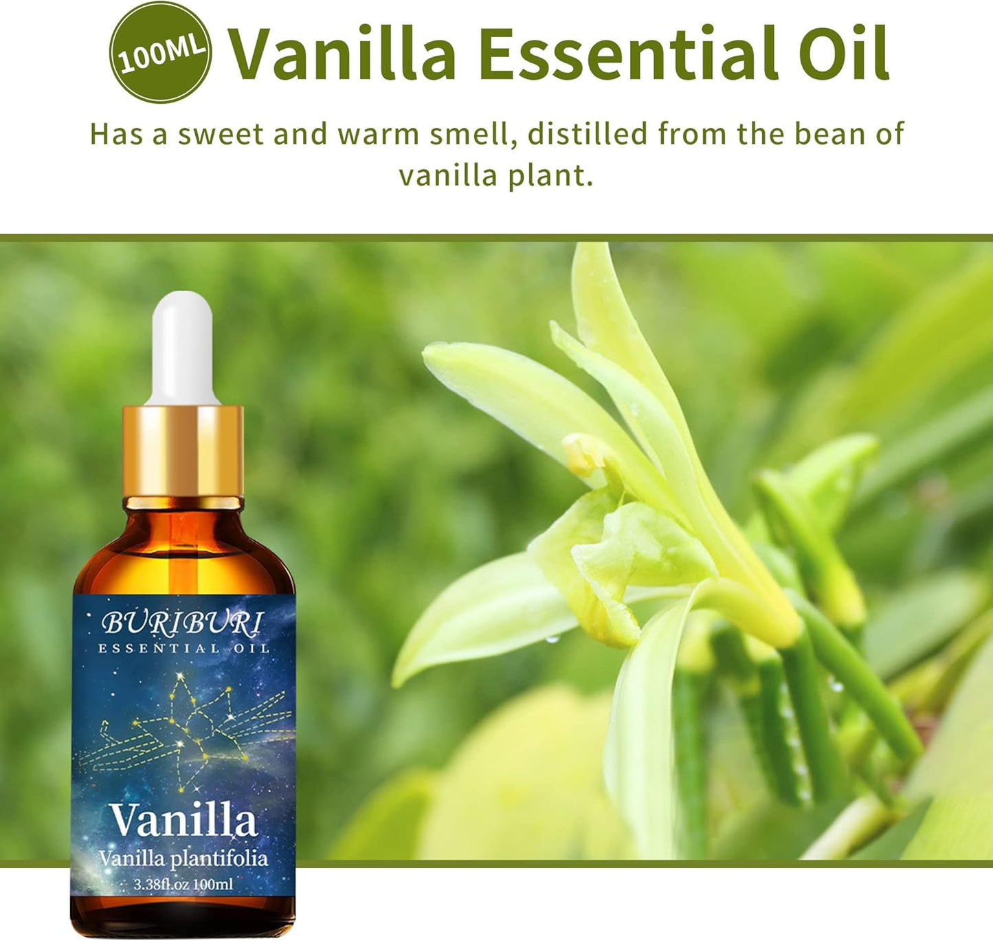 BURIBURI Pure Vanilla Essential Oil and Coconut Oil 100ml Organic Aromatherapy Oils 3.38 fl.oz Coconut Essential Oil for Diffuser Humidifier