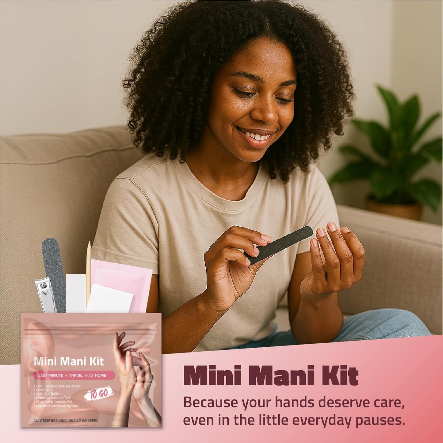 Mini Mani Kit – Disposable Manicure Set with Nail Clipper, File, Buffer, Cuticle Stick & Polish Remover Pad – Compact One-Time Use Nail Care Kit for Travel, Purse, Desk, or Car (Peach)