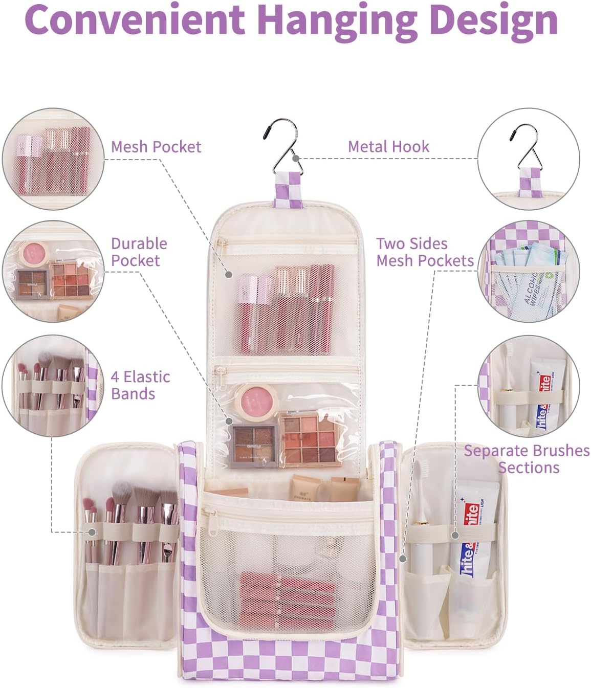 Narwey Checked Hanging Travel Toiletry Bag for Women, Travel Bag for Toiletries, Makeup Bag Organizer Cosmetic Bags Make Up Bags for Women (Purple Checkerboard)
