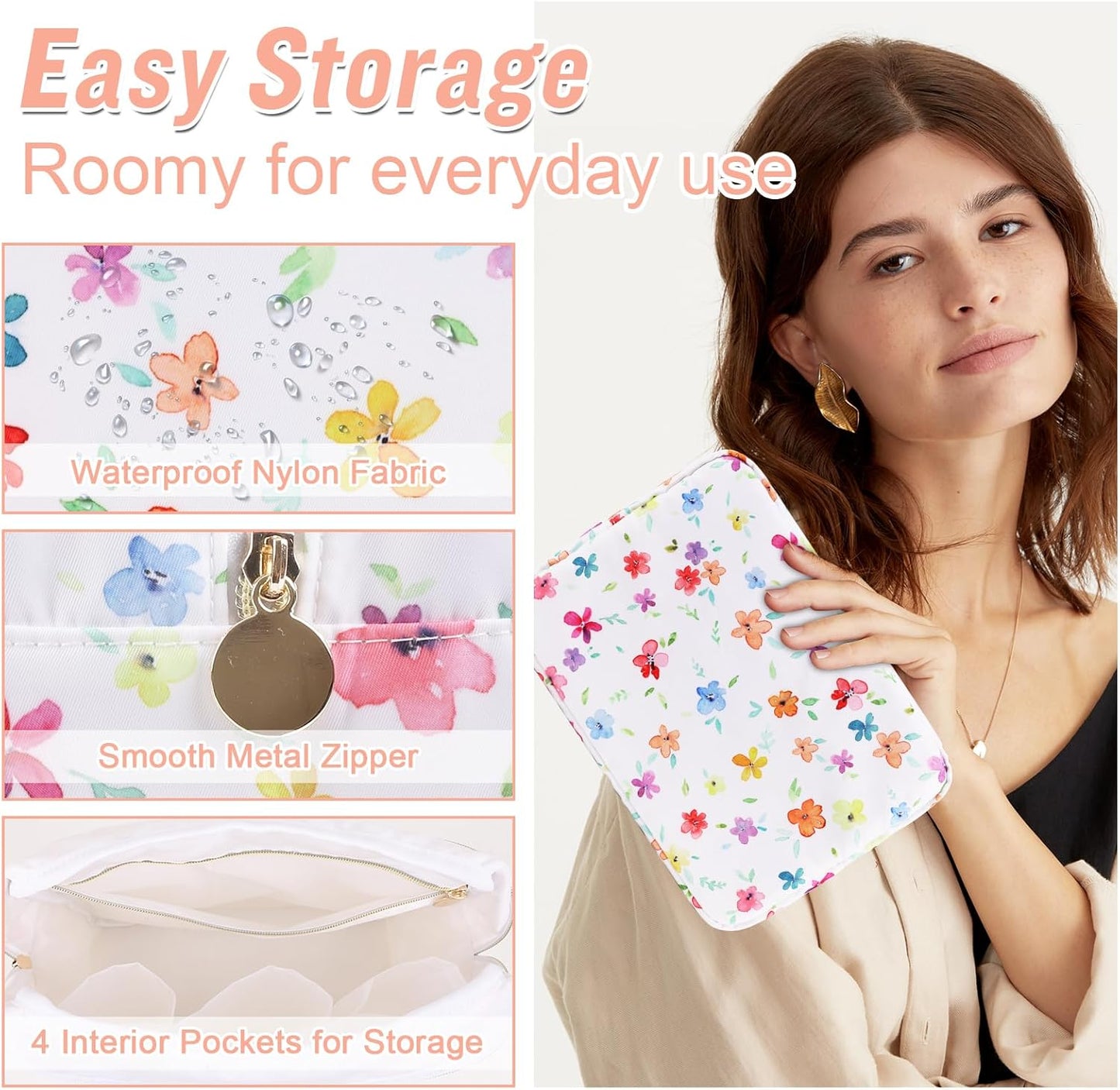 Nylon Large Floral Makeup Organizer Bag, Preppy Big Cute Flower Cosmetic Zipper Pouch Multi-compartment with Dividers, Waterproof Toiletry Makeup Brushes Bag Travel Essentials for Women(White-Flower)