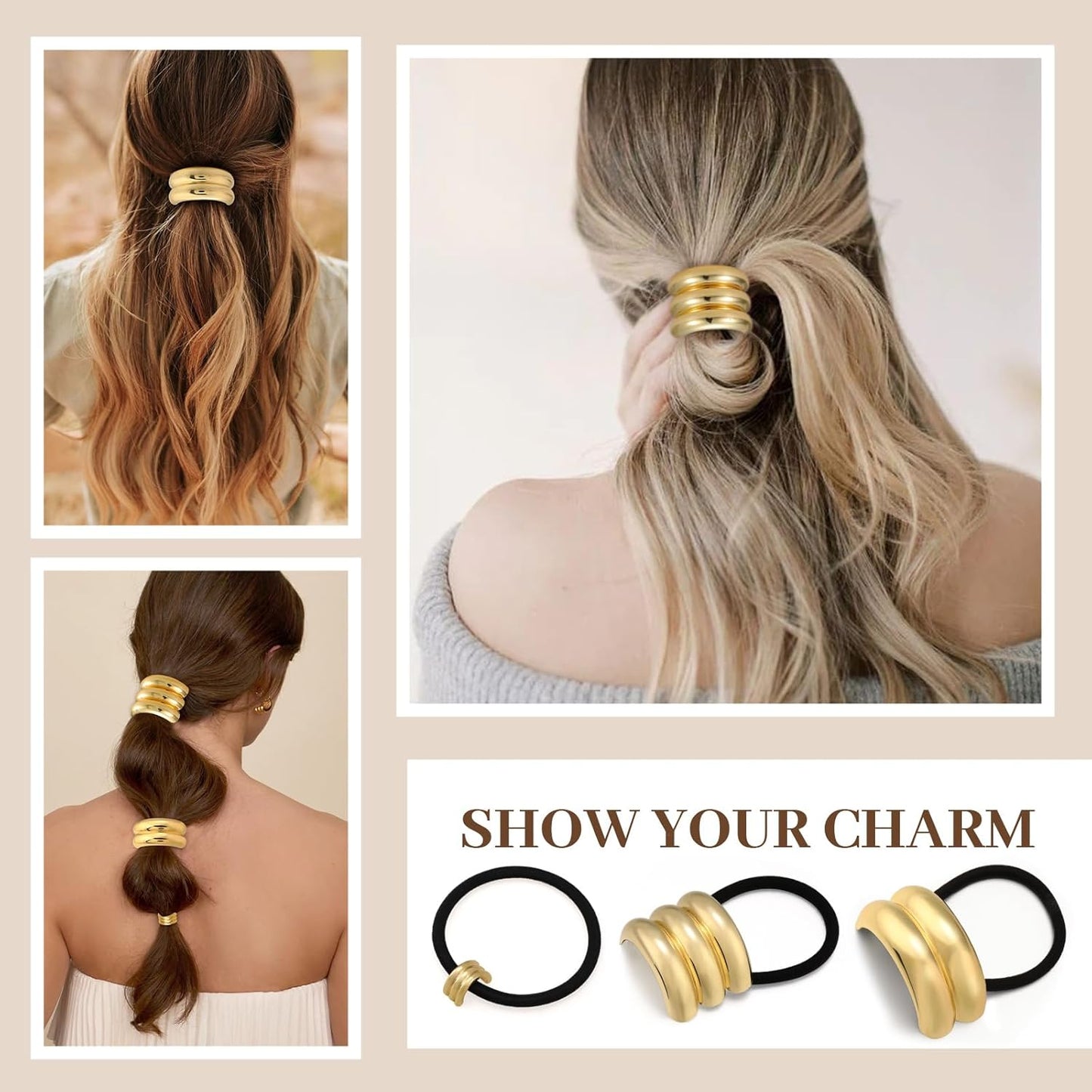 3PCS Gold Hair Ties, Metal Hair Ties for Thick Hair, Elegant Durable Geometric Design, Gold Hair Accessories Stretchy and Non-Damage Ponytail Holders