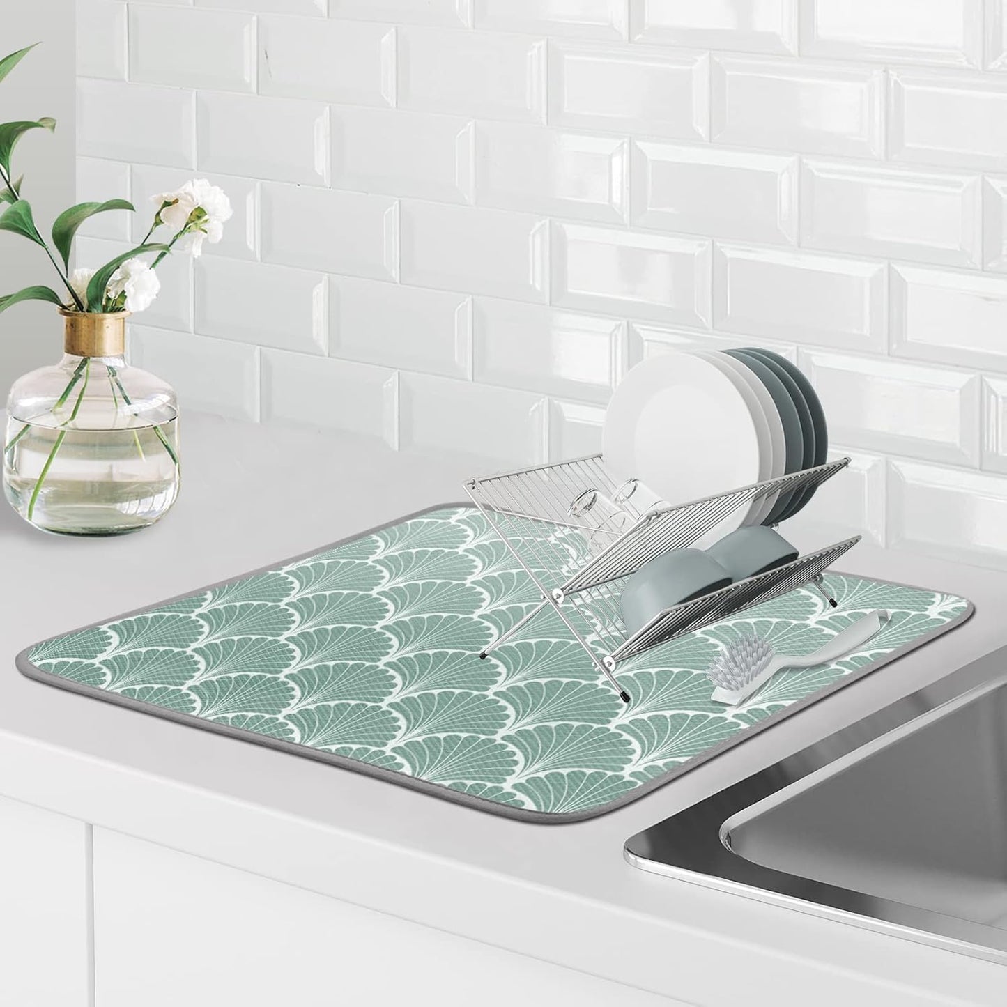 SHIYUE Dish Drying Mat for Kitchen Counter Super Absorbent Spring Kitchen Decor Microfiber Drying Matainers Rack Fast Pad Dish Drainer Mats(Green Shell Geometric,18''x24'')