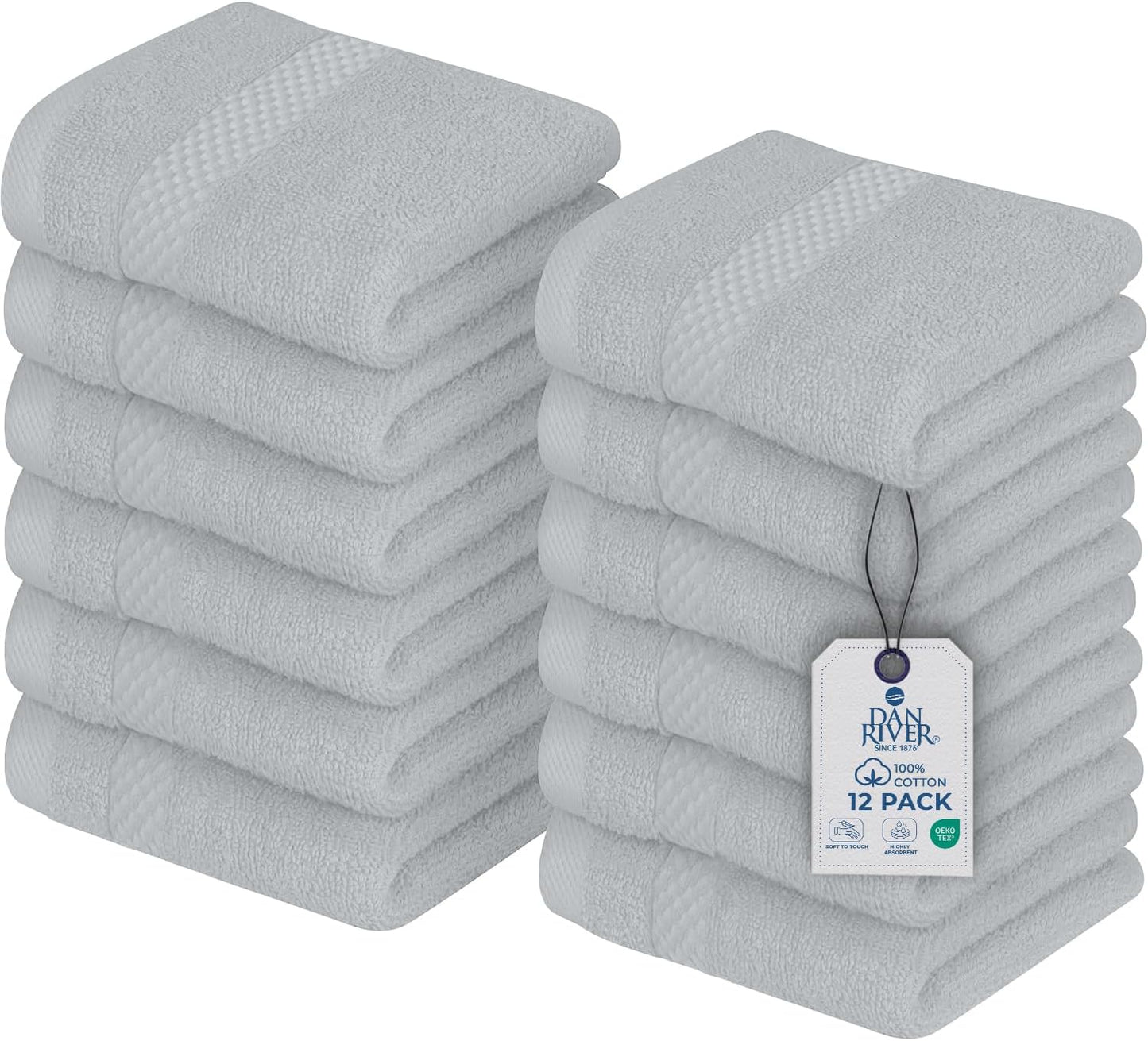 DAN RIVER 12-Pack Premium 100% Cotton Highrise Face Towels – Reusable Face Towel Set, Absorbent & Soft Wash Towels for Bathroom & Body – Hand and Face Towels, 550 GSM (12x12 in)