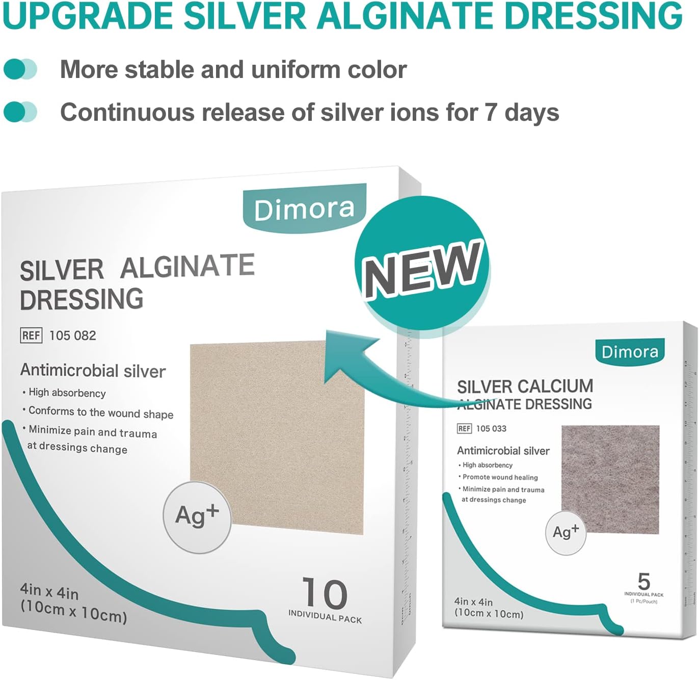 Dimora Upgrade 10 Packs Silver Antibacterial Alginate Wound Dressing Pads，Non-Stick Sterile Gauze，Highly Absorbent & Comfortable，4'' x 4'' Patches
