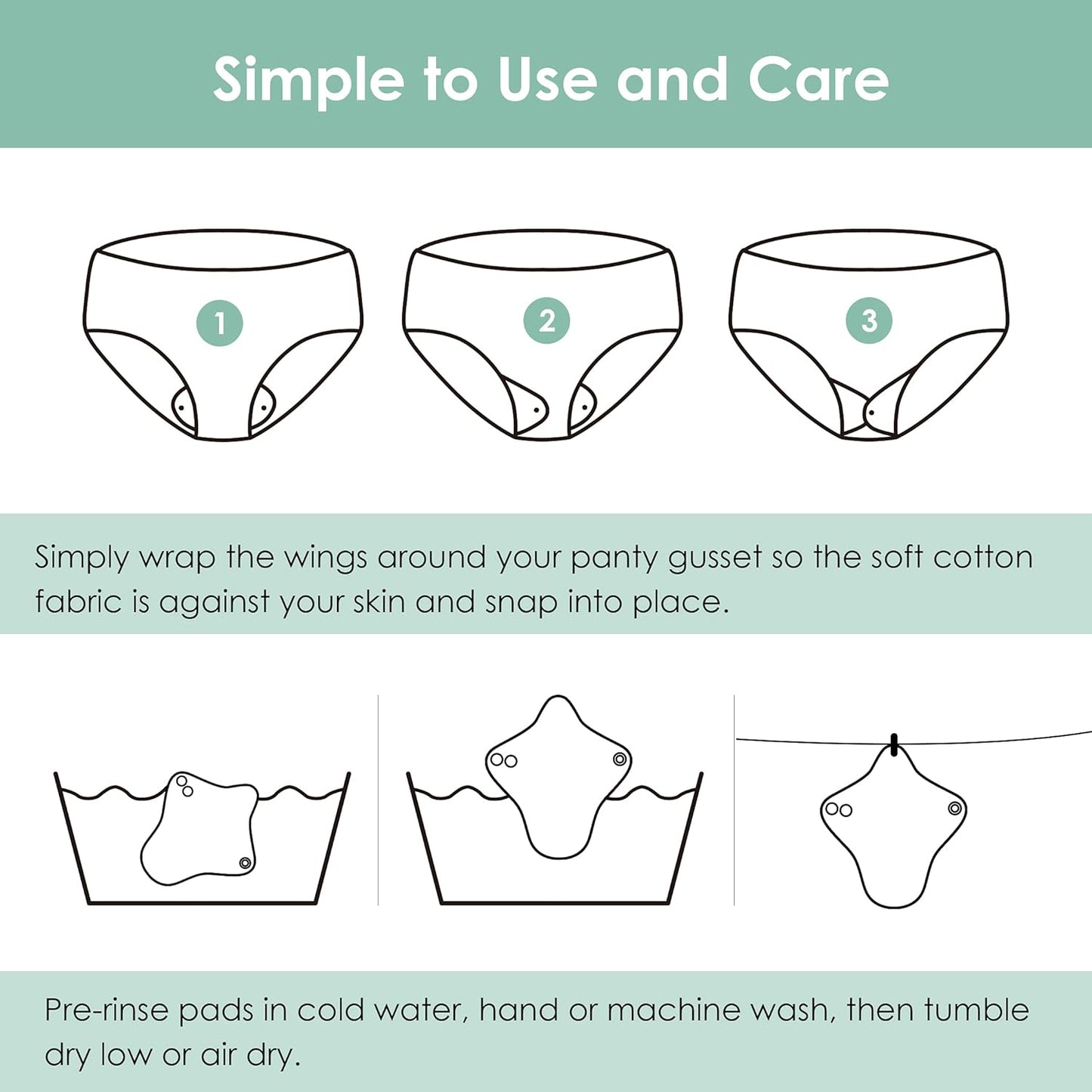 wegreeco 6 Pcs Reusable Menstrual Pads, Ultra Absorbent Cloth Pads for Heavy Flow, Sanitary for Teens, Women, Nonslip, Grey Inner, Black Outer, X-Small