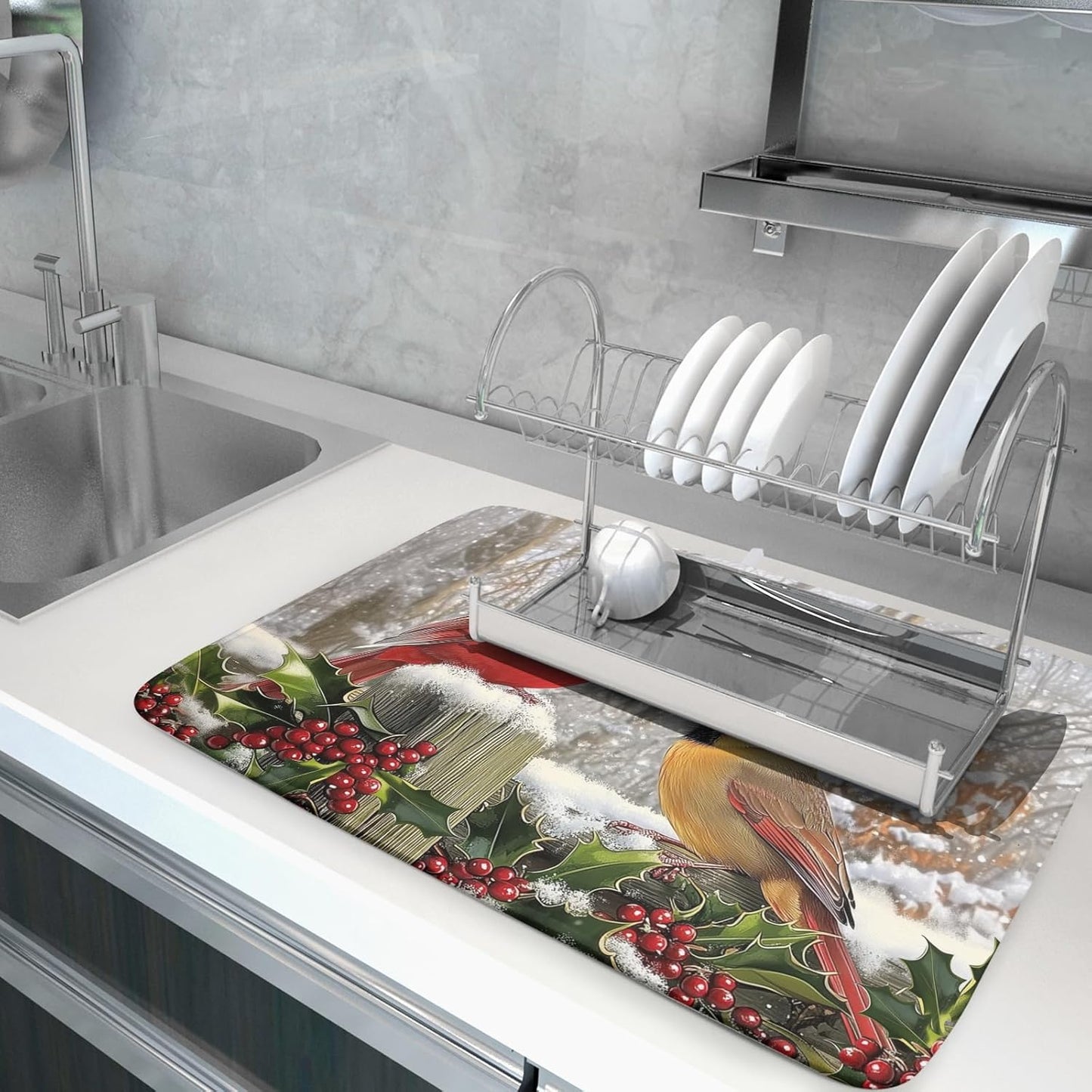 Winter Birds Dish Drying Mat Red Berry Dish Drainer Rack Mat Microfiber Absorbent Dish Drying Pad for Kitchen Counter Coffee Bar 18x24 Inch