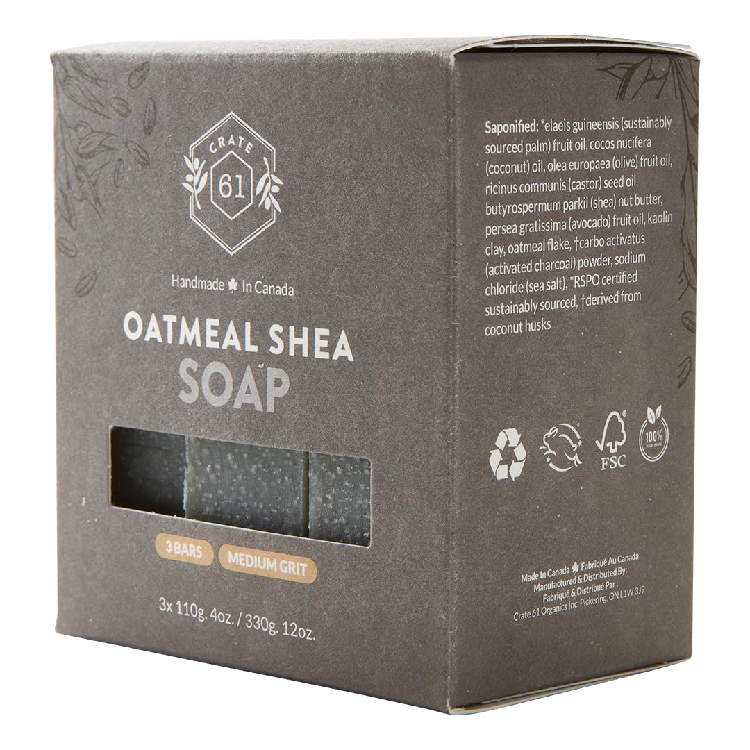Crate 61 Organics, Handmade in Canada, Plant Based Cold Process Natural Bar Soap For Face & Body, w/Premium Essential Oils, For Men & Women 3 Pack (Oatmeal Shea (Unscented))