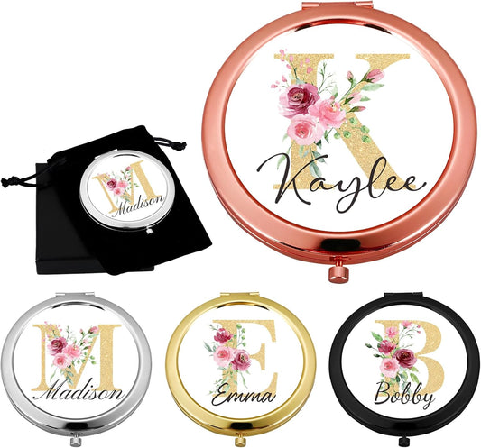 Personalized Compact Mirror for Purse, Custom Pocket Mirror with Initial and Name, Custom Floral Monogram Small Travel Makeup Mirrors for Women Sister Daughter Mom Bridesmaid Birthday