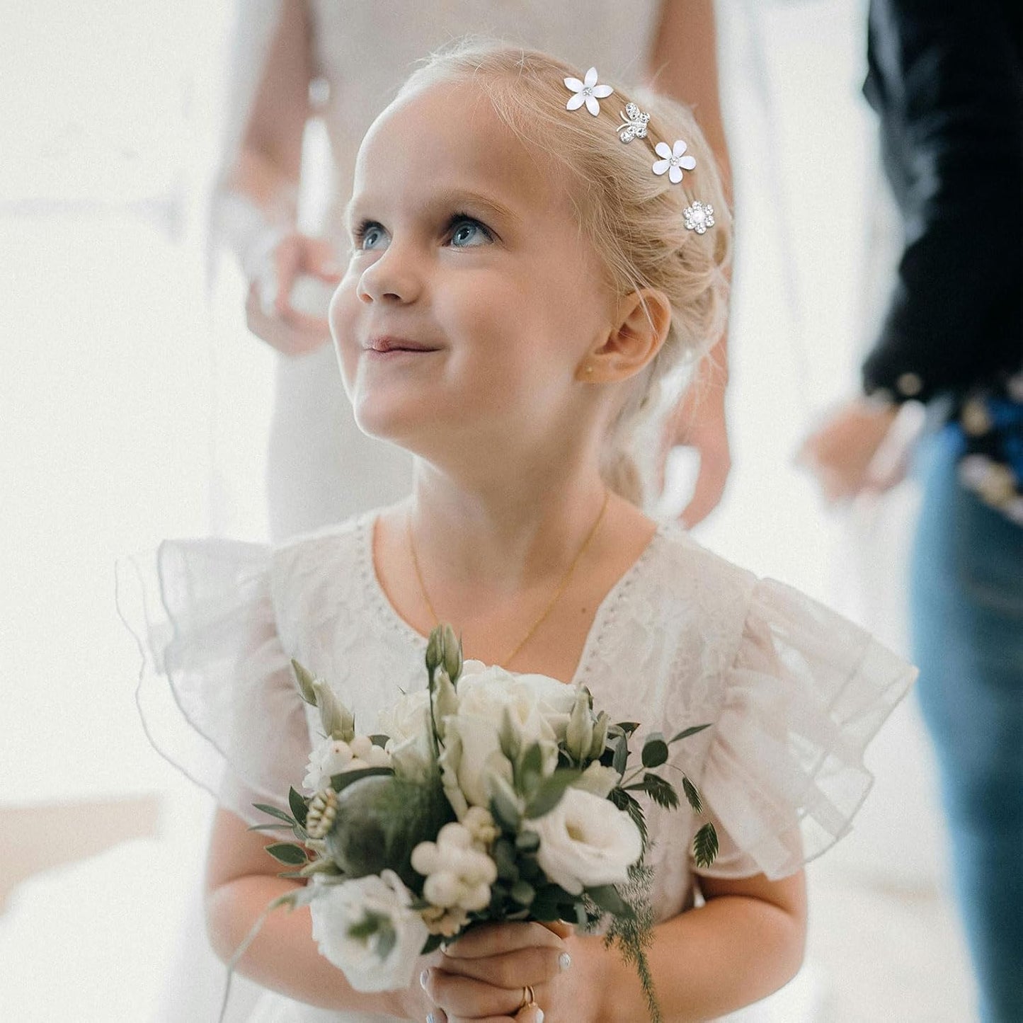 YISSION 20 Pcs Mini Flower Hair Clips Rhinestone Butterfly Hair Pins Small Decorative Hair Clips Wedding Hair Barrettes White Hair Clips Bridal Flower Girl Hair Accessories for Girls Women