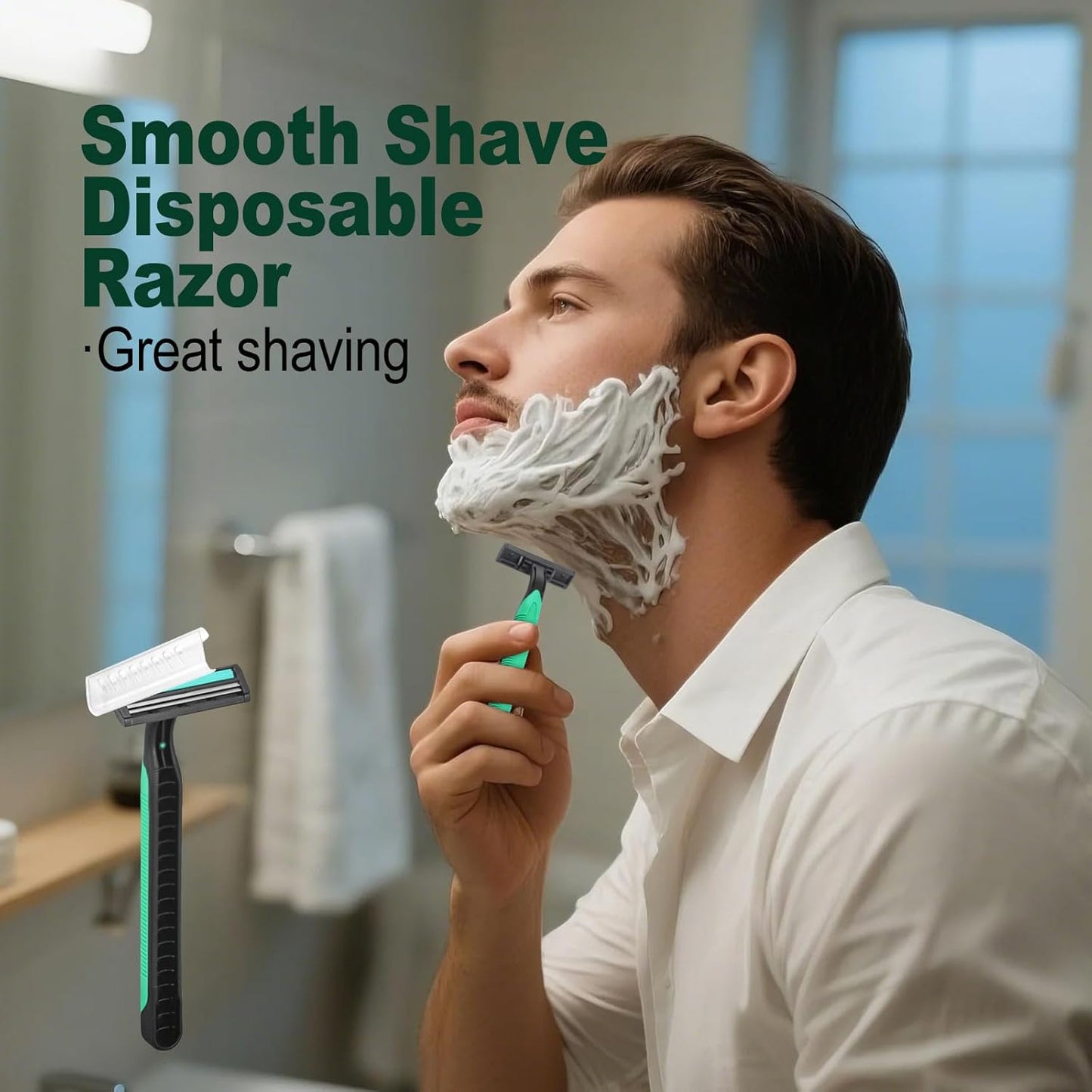 Disposable Twin Blade Razors in Bulk, Individually Wrapped - Clear Safety Cap, For Homeless, Hotel, Airbnb, Travel (pack of 30,green)