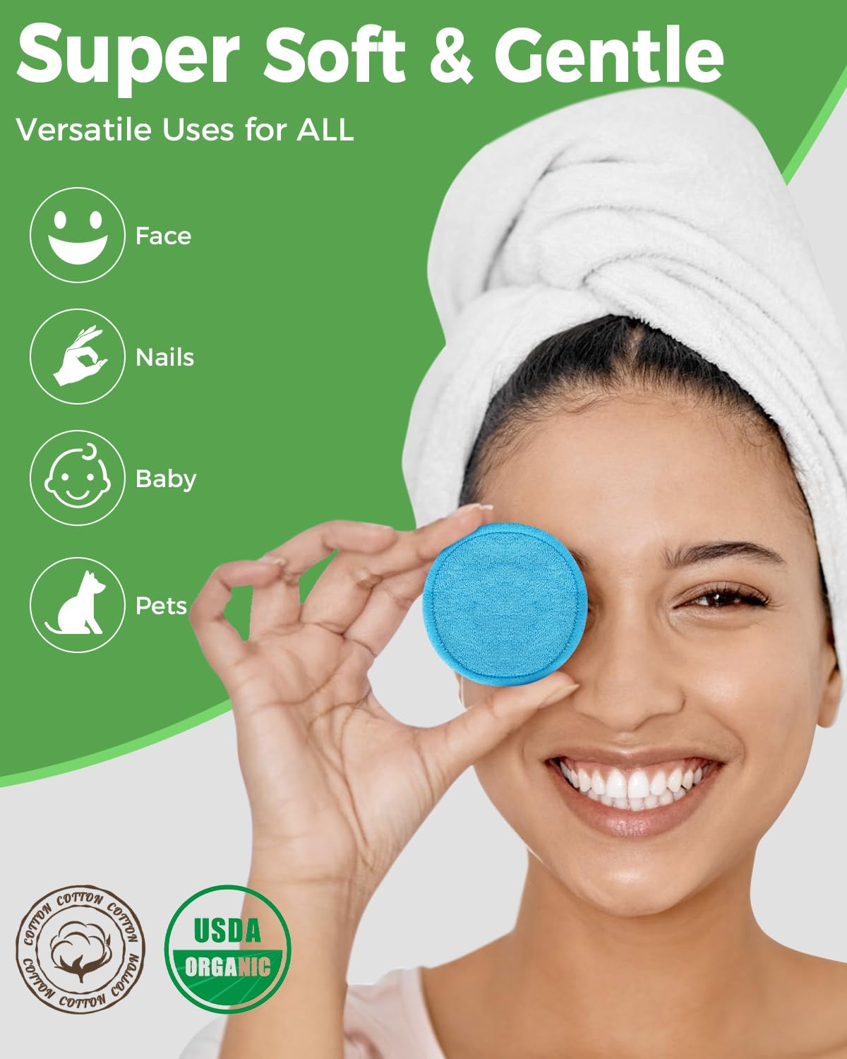 Reusable Makeup Remover Pads - 18 Packs Organic Reusable Cotton Rounds with Washable Laundry Bag for Toner Eco-Friendly Bamboo & Cotton Reusable Cotton Pads for Face All Skin Types (Blue-White-Green)