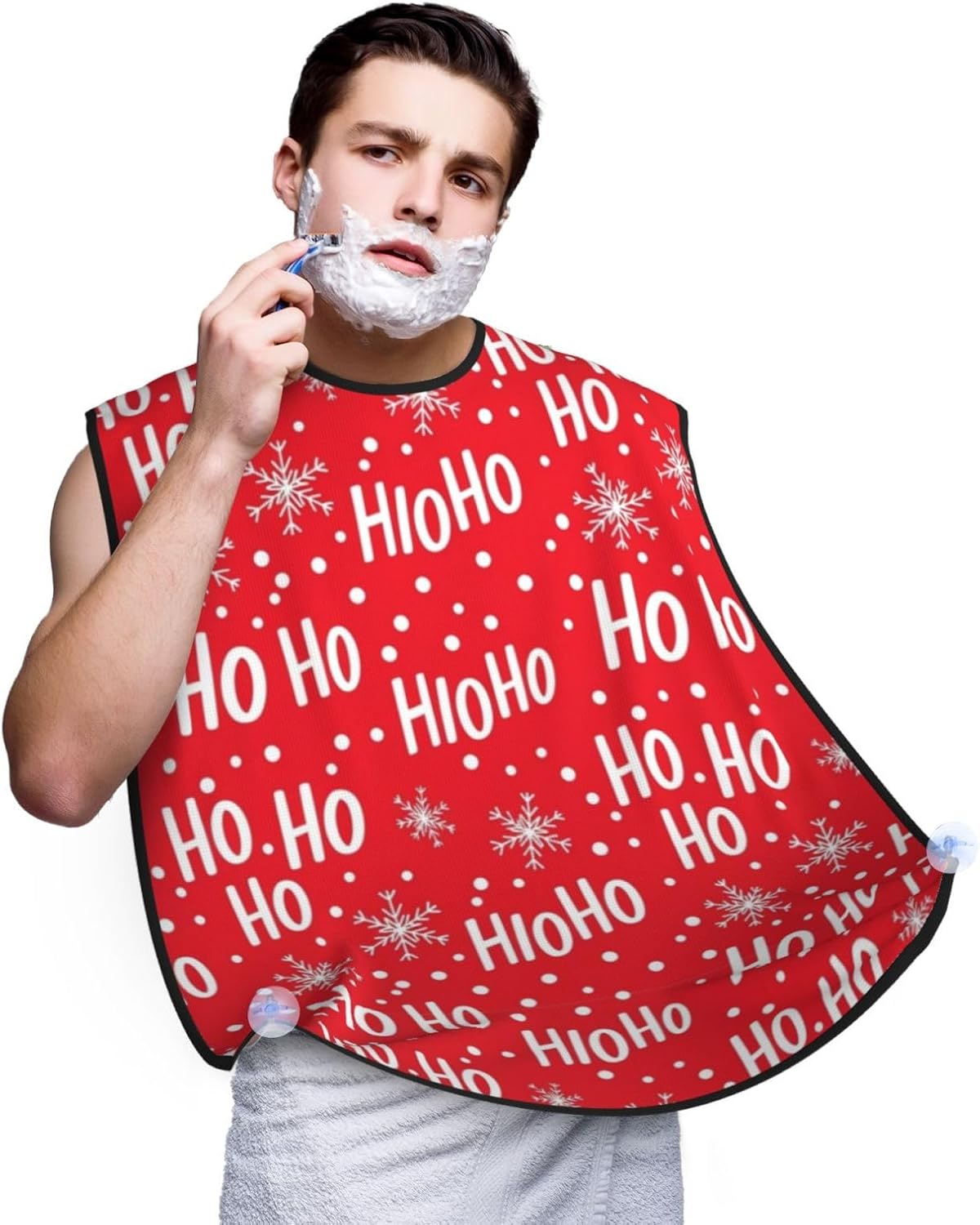 Stretchable Beard Cape, Non-Stick Hair Catcher for Trimming, Waterproof Grooming Apron, Santa Claus Laugh Snowflake Christmas Red
