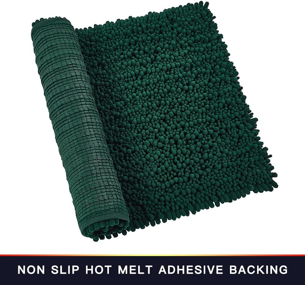 Walensee Bathroom Rug Non Slip Bath Mat (24x17 Inch Hunter Green) Water Absorbent Super Soft Shaggy Chenille Machine Washable Dry Extra Thick Perfect Absorbant Best Small Plush Carpet For Shower Floor