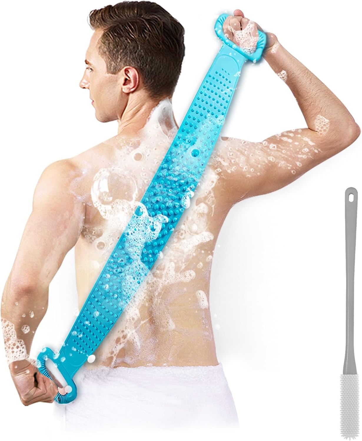 Inmorven Back Scrubber for Shower, 30" Double-Sided Back Brush with 15.7" Long Handle Toe Cleaning Brush, Silicone Foot Scrubber for Exfoliating and Massaging Feet
