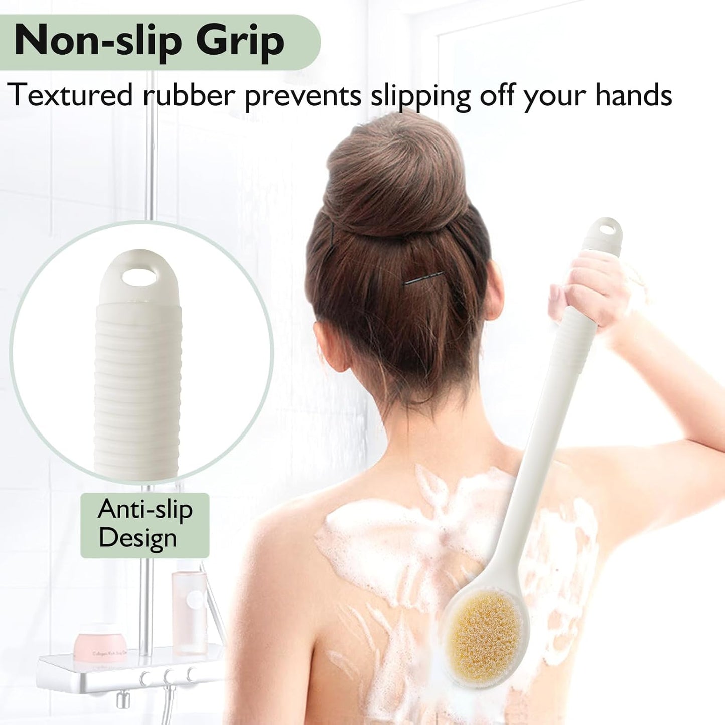 VANZAVANZU 17 Inch Anti-Slip Long Handle Back Scrubber for Shower – Dual-Sided Shower Brush and Shower Back Scrubber with Soft and Stiff Bristles for Wet or Dry Brushing (Cream White)