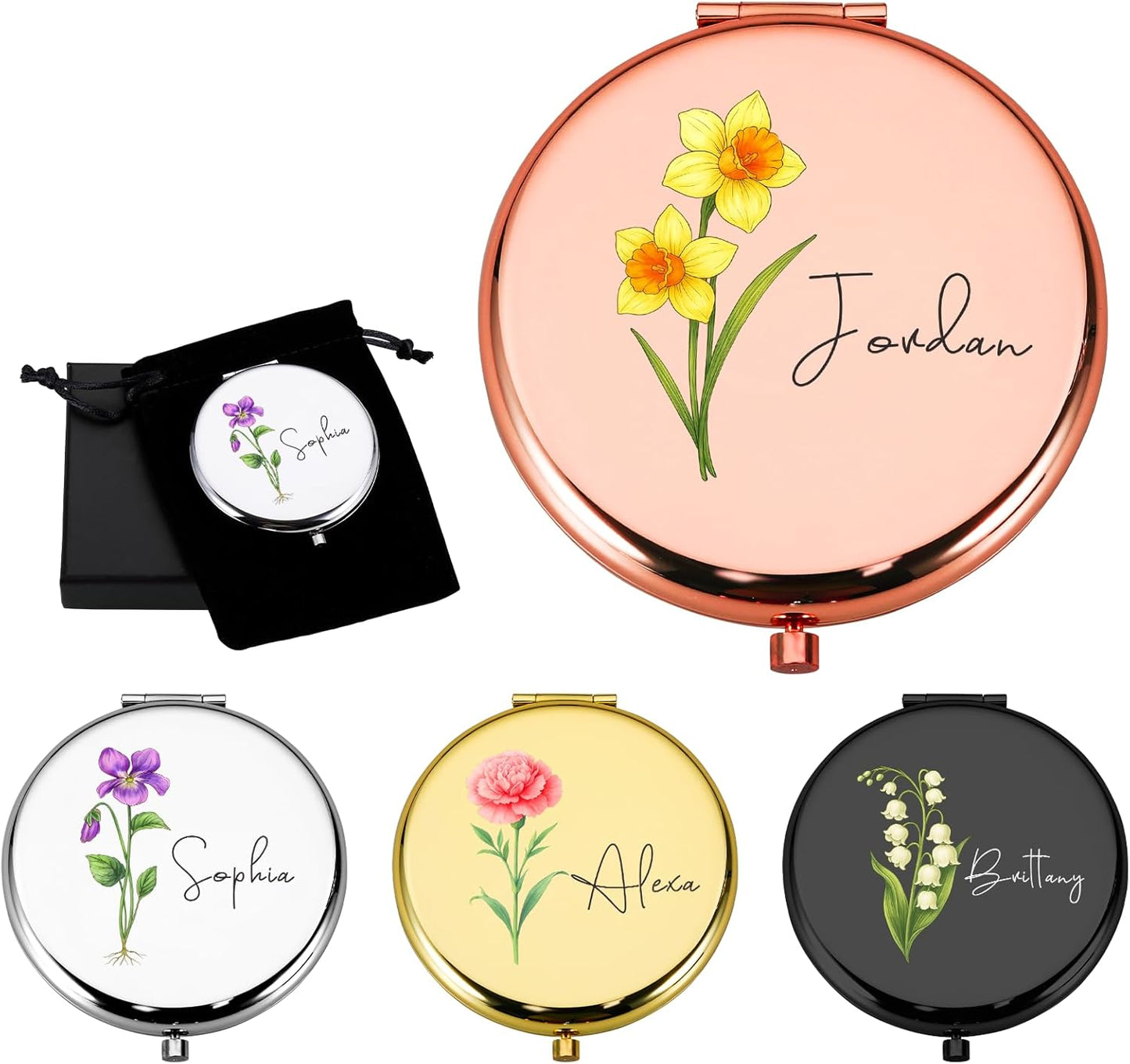 Personalized Compact Mirror for Women, Custom Birth Flower and Name Pocket Mirror, 1X/2X Magnification Travel Makeup Mirror for Purse, Gift for Bridesmaid Wedding Birthday Christmas Mom Friend Sister