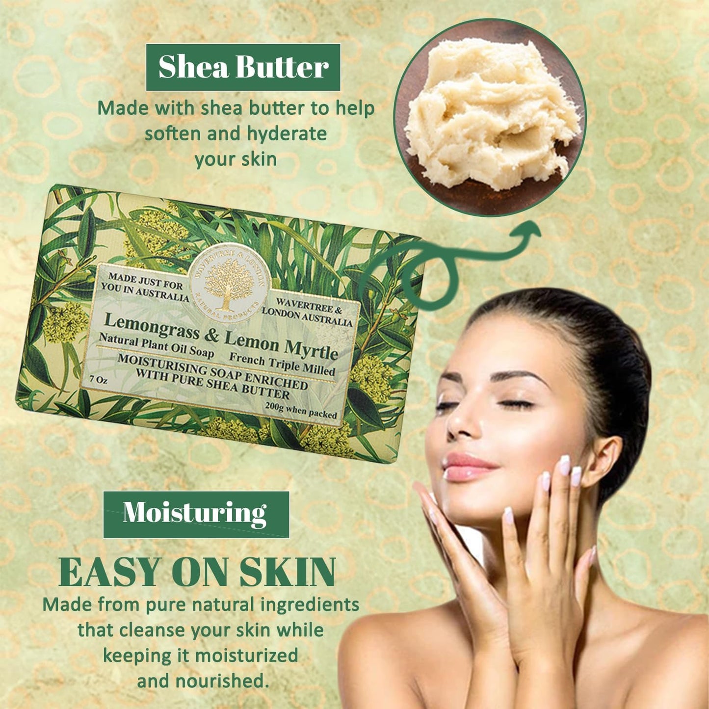 Wavertree & London Lemongrass & Lemon Myrtle Scented Natural Soap Bar, 7oz Moisturizing French Triple Milled Soap Bar for Women & Men enriched with shea butter - Pure Bath & Body soap bar