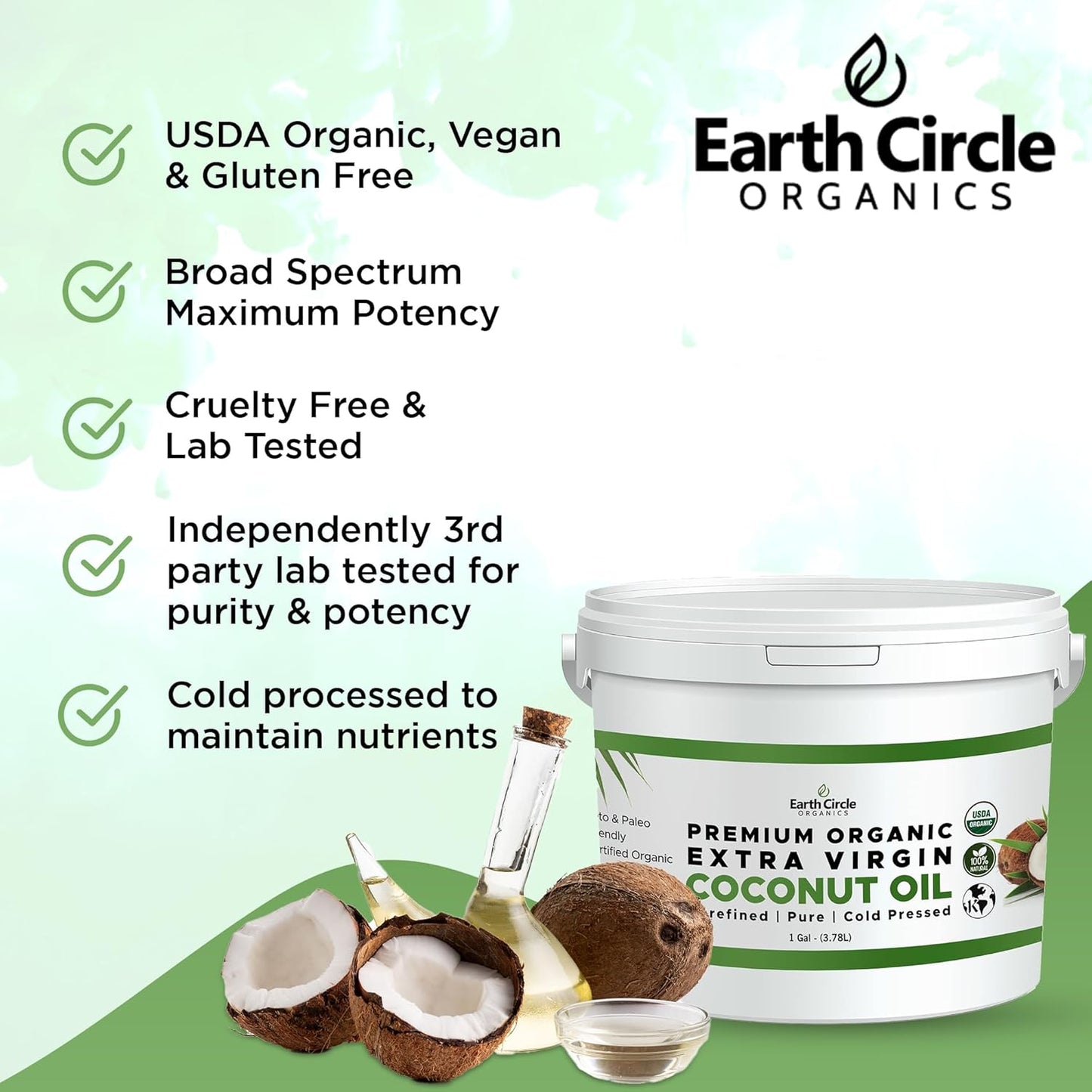 Earth Circle Organics Premium Ultra-Pure Unrefined Cold Pressed Extra Virgin Coconut Oil - Gluten-Free, Keto & Paleo Friendly - Raw Coconut Oil for Skin & Hair Care, Cooking, Baking & More - 1 Gallon