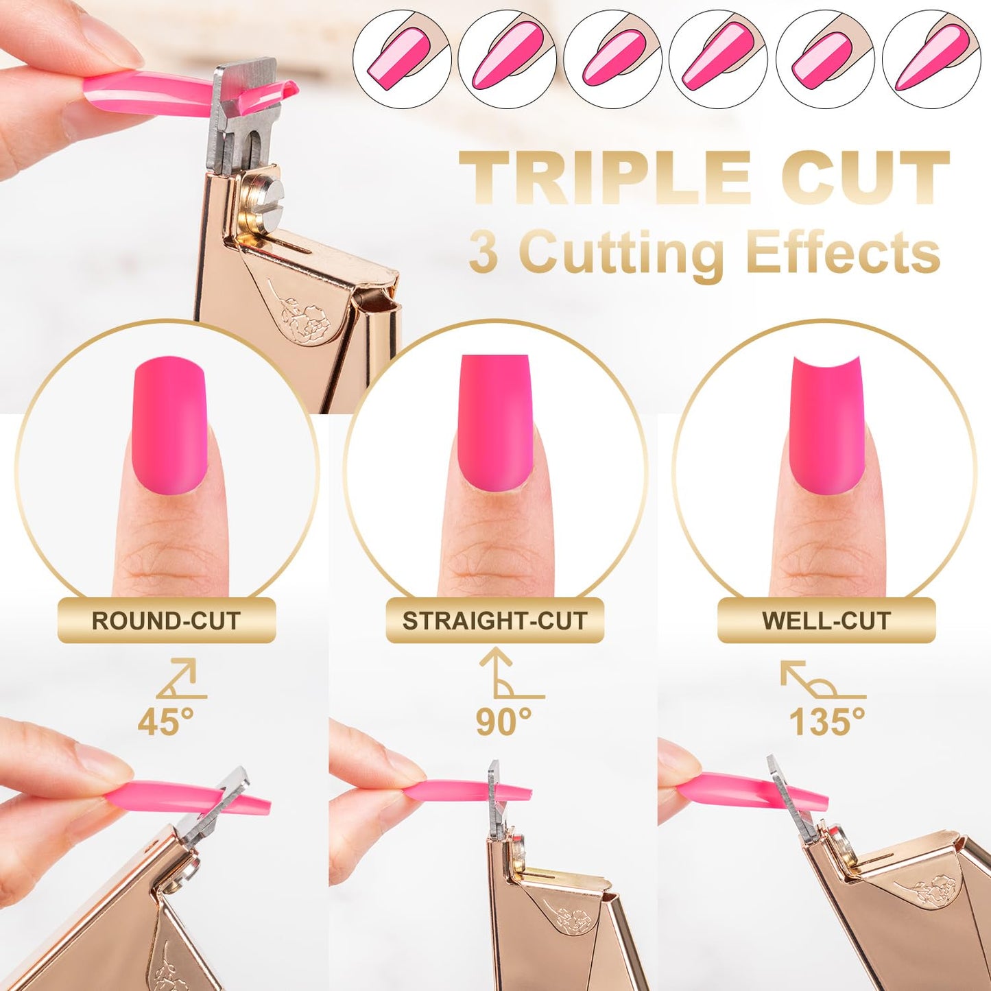 Gold Premium Nail Clippers with Magnets Sizers for Acrylic Nails, Artificial Fake Nail False Nail Tip Cutter Trimmer Manicure Pedicure Sharp Blade Clip Tool For Salon Home Art Beauty