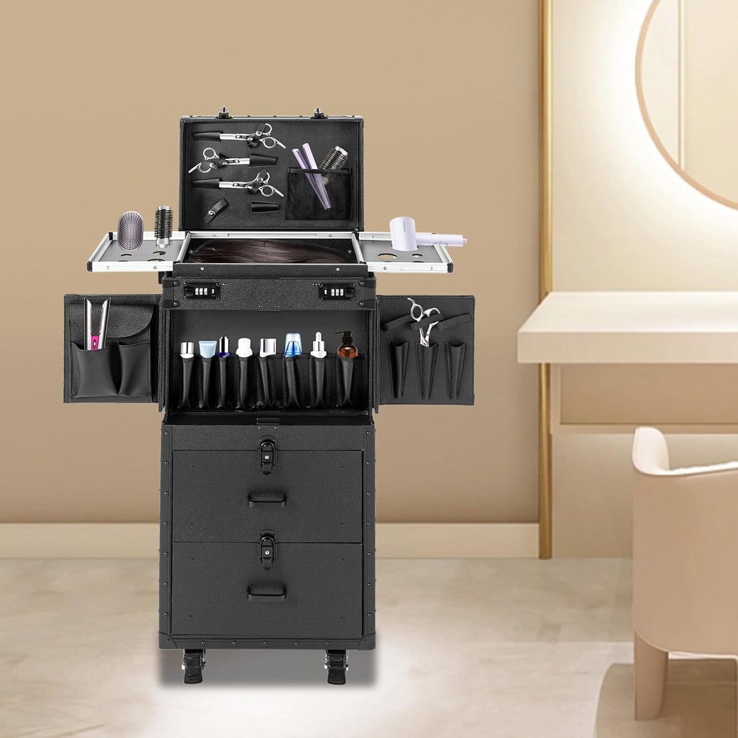 Lockable Makeup Train Case,44.09 lbs Rolling Hairdressing Trolley,Cosmetology Case on Wheels,Beauty Salon Cosmetic Luggage with Universal Wheels for Hair Stylist,Make-up Artists(Black)