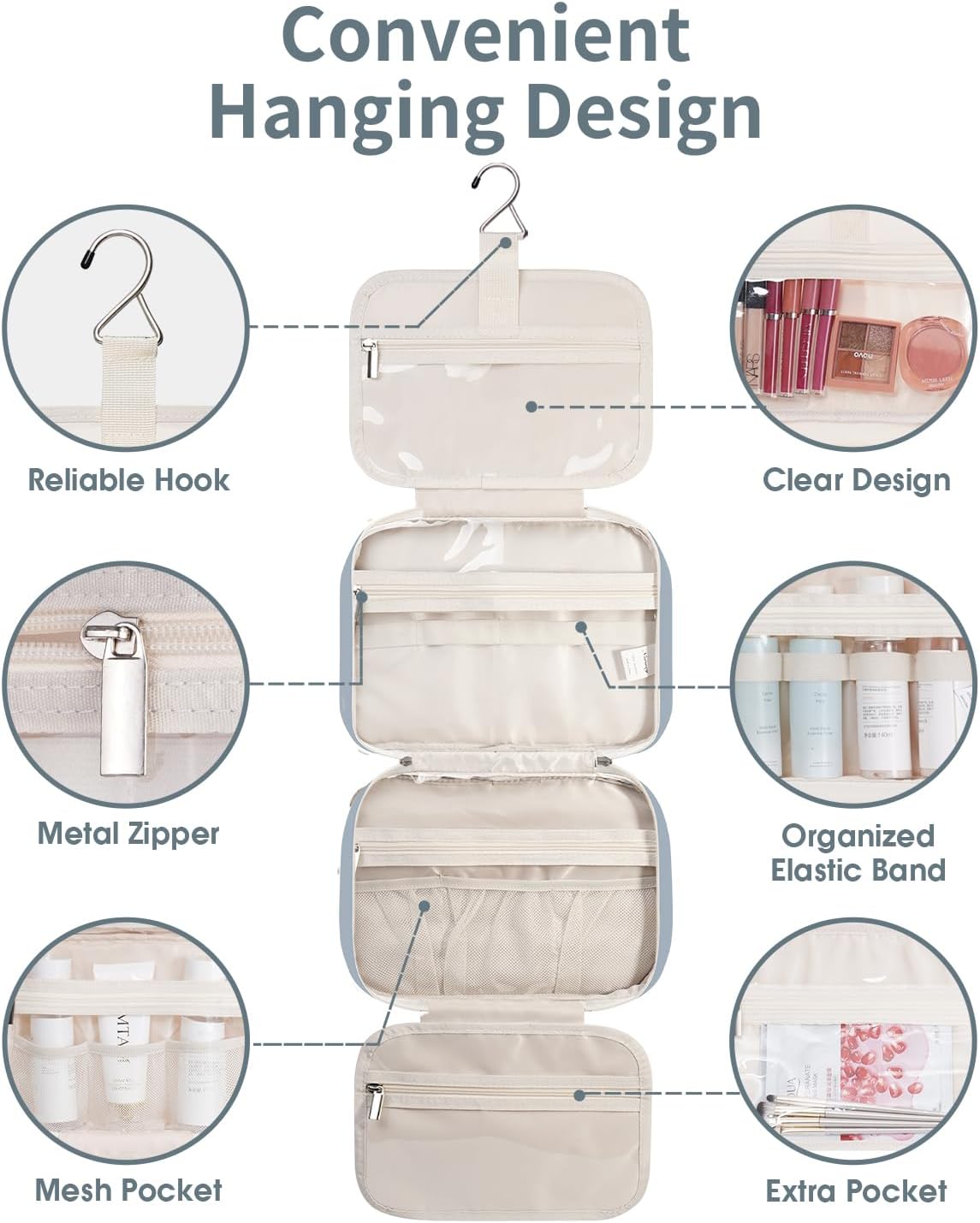 Narwey Hanging Toiletry Bag for Women Travel Makeup Bag Organizer Toiletries Bag for Travel Size Essentials Accessories Cosmetics (Greyish Blue (Medium))