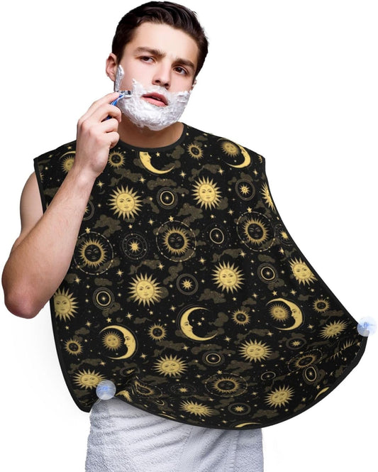 Beard Hair Catcher for Men, Waterproof Shaving Bib Apron Non-Stick, Trimming Tool for Dad Husband, Mystical Magical Cosmic Astrology Sun Crescent Moon Stars Gold Black Art Shave Bib