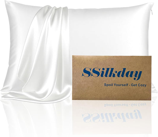Mulberry Silk Pillow Cases with Zipper, Ultra Smooth Breathable Cooling Pillow Cases for Hot Sleepers, Silk Satin Pillowcase for Hair and Skin, Gifts for Women (Cream White, Standard Size, 1 Pack)