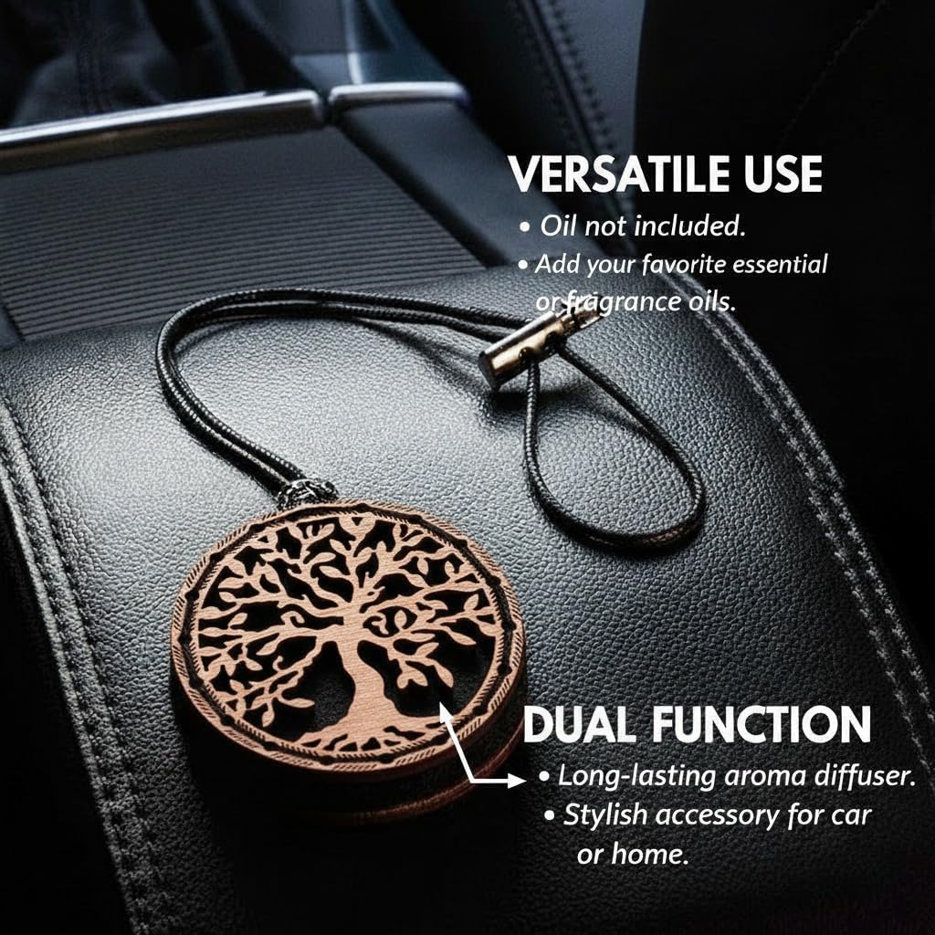 Wood Car Air Freshener — Tree Of Life Handmade Unscented DIY Essential Oil Hanging Diffuser with Felt Insert — Add Your Own Oils — Refillable — Car/Truck/SUV — Cardboard Box