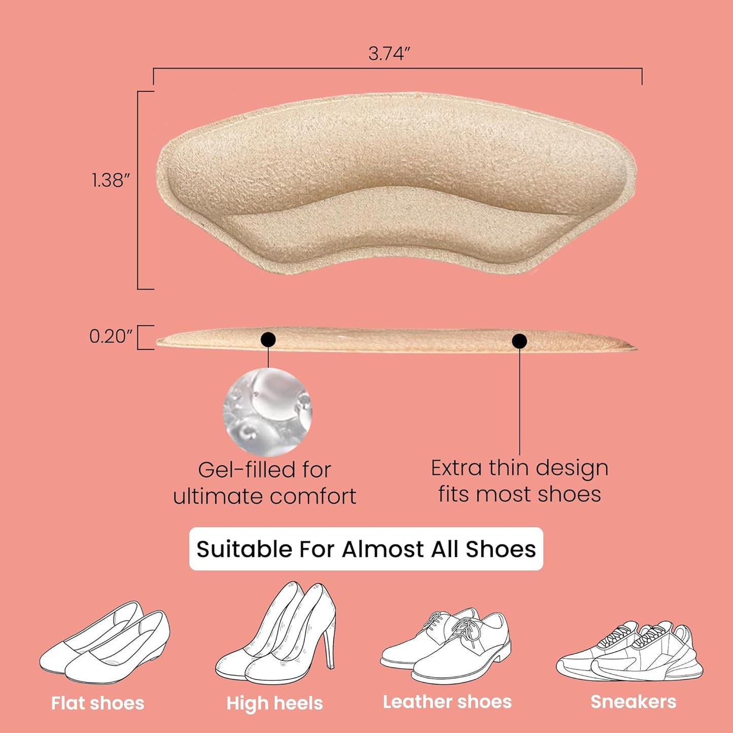 Walkize Anti Slip Heel Pads for Shoes Women & Men - Cushioned Heel Grips - Shoe Inserts for Women - Blister Prevention, Heel Pain Relief & Comfort in High Heels, Dress Shoes (2 Pairs, Beige)