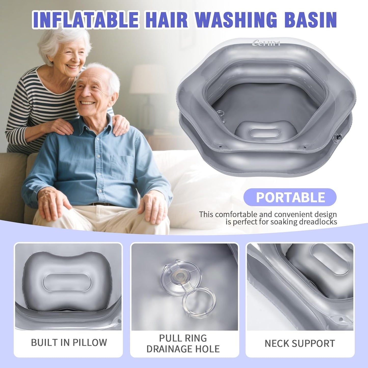Inflatable Shampoo Basin for Bedridden, Elderly & Disabled - Petal-Shape Large Size, 360° Neck Support, Central Drain Hole with Pull Ring | Leak-Proof PVC Portable Hair Washing Bowl (Silver)
