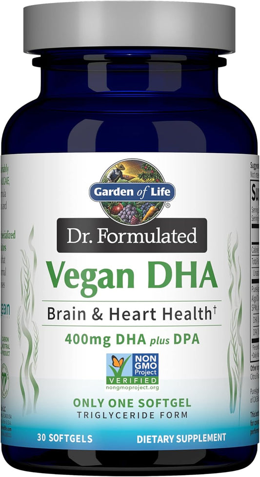 Garden of Life Omega 3 Vegan DHA Supplements Dr. Formulated Vegan DHA, 400mg DHA & 90mg DPA in Triglyceride Form from a Single Source, Omega 3 Supplement for Women's and Men's Health, 30 Softgels