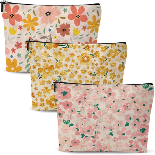 3pcs Colorful Flower Makeup Bag, Retro Botanical Flower Cosmetic Bag, Christmas Wedding Anniversary Birthday Friendship Gifts for Women Girls Best Friends Sister Bestie Grandma Travel Toiletry Bag