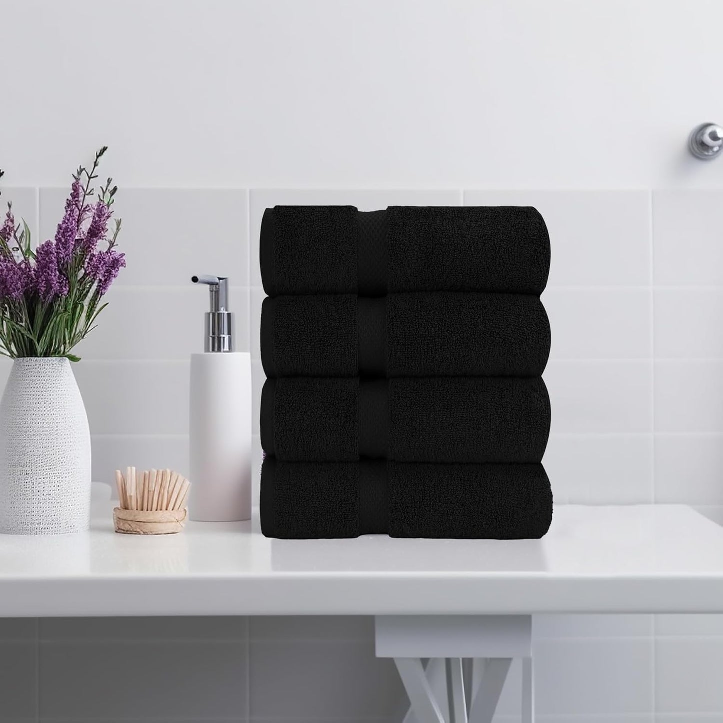 HERCULEAN Bath Sheet 30 x 60 Pack of 4 | 450 GSM Quick Dry and Highly Absorbent | 100% Cotton Terry Towels for Bathroom - Perfect for Shower - Pool and Spa - Luxury Soft Towels - Black