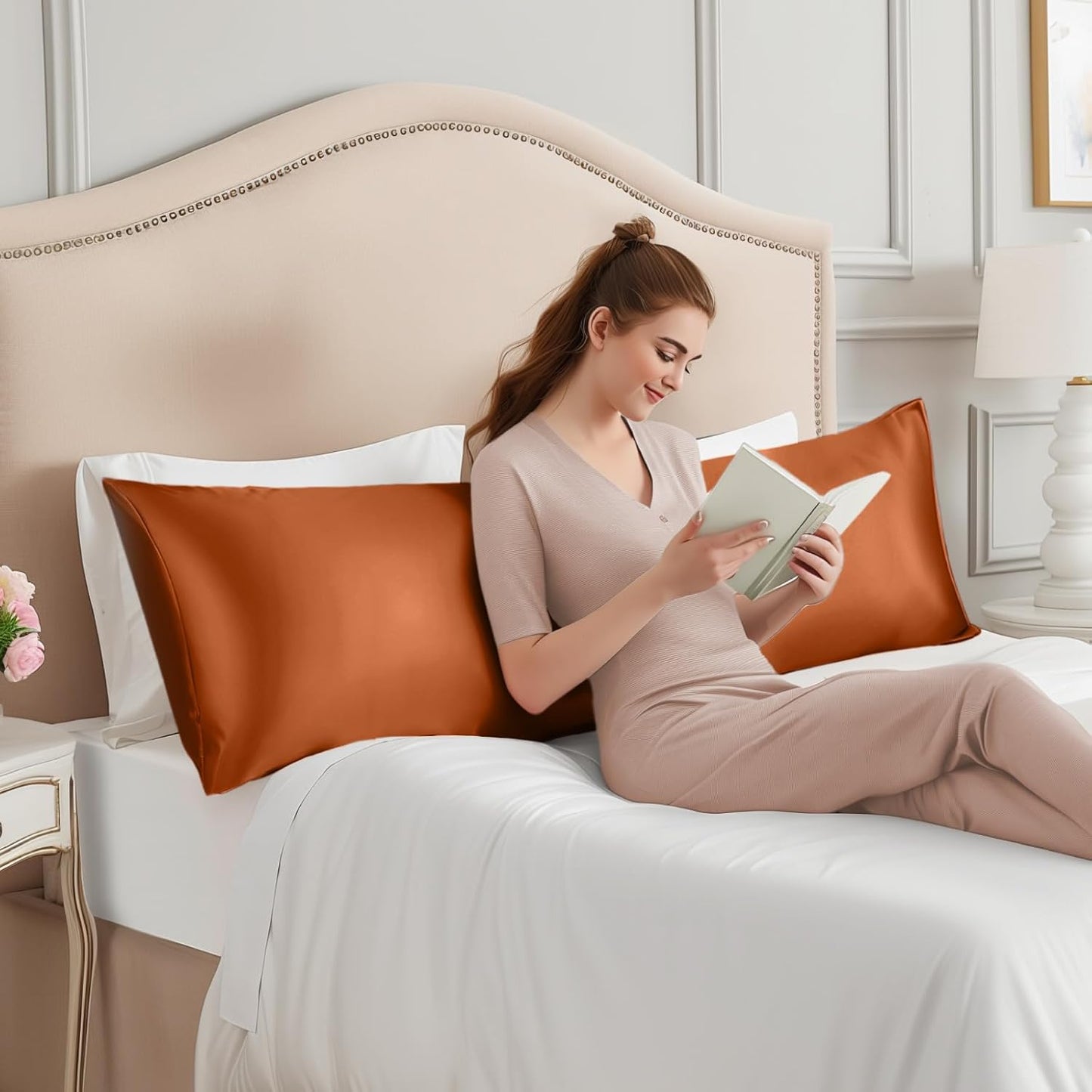 INFIIXSO Body Pillow Cover with Zipper, Luxury Mulberry Silk Body Pillow Case 20x54 Inches, Ultra Smooth and Soft Cooling Long Pillowcase, Gift for Women, Men(Orange)