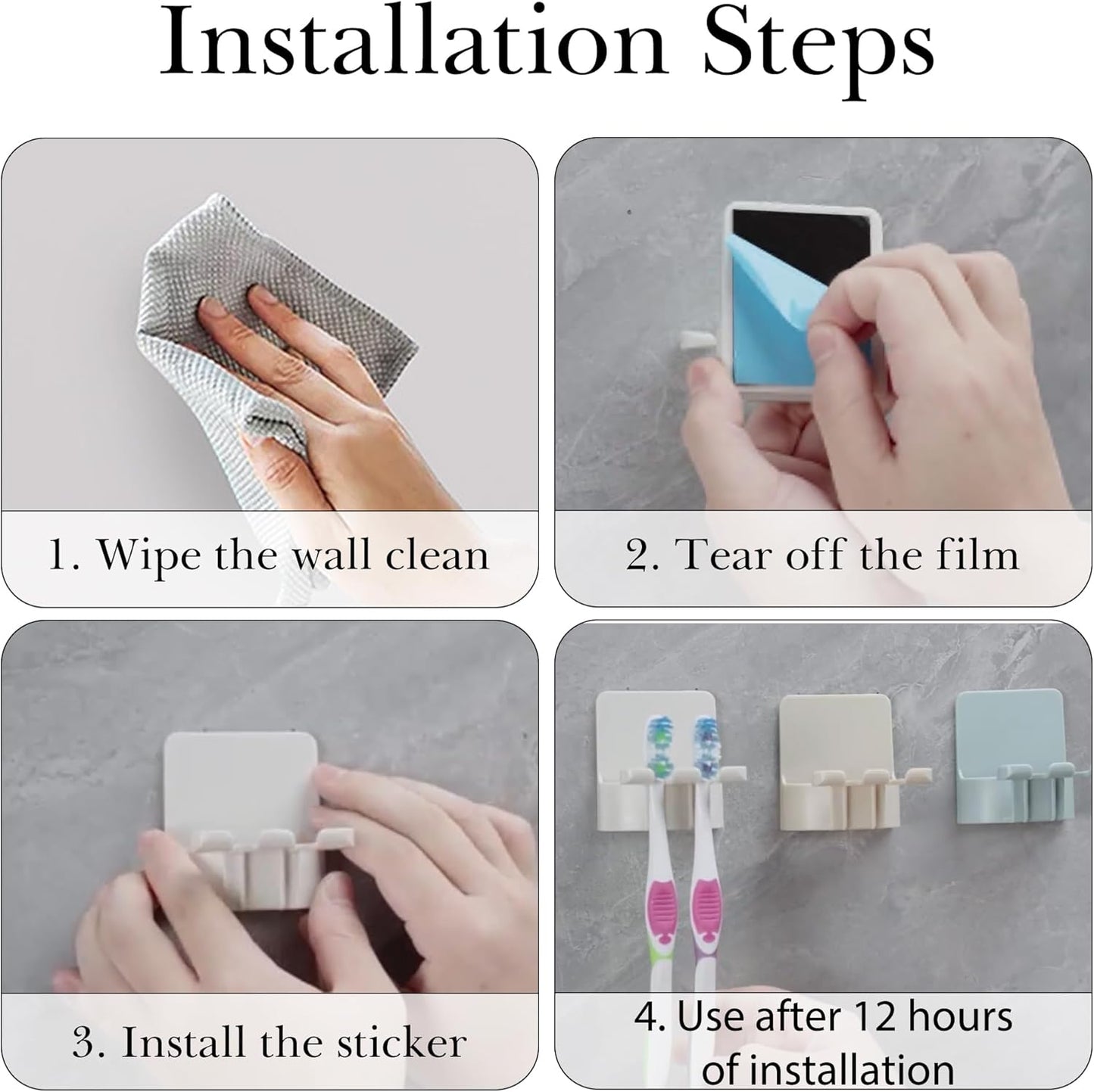 2 PCS Self-Adhesive Toothbrush Holders Wall Mounted, Water Proof Toothbrush Hook, 3 in 1 with Toothbrush Hanger Toothpaste Holder and Gargle Cup Holder for Bathroom Shower (White)