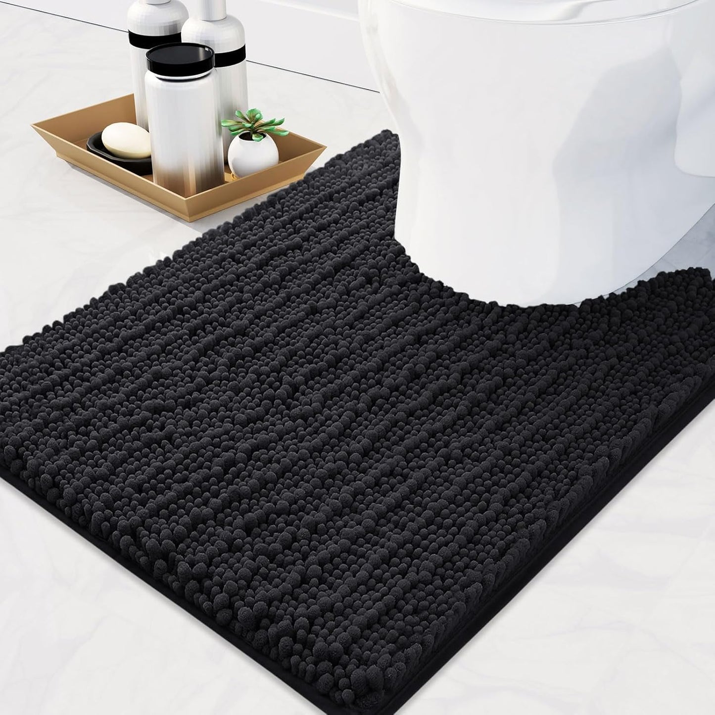 Arotive Luxury Chenille Toilet Rugs U-Shaped, Extra Soft Thick Absorbent Bathroom Mat, Non-Slip Shaggy Plush Contour Rugs, Machine Wash Dry Bath Mat for Toilet Base, 24x20, Black