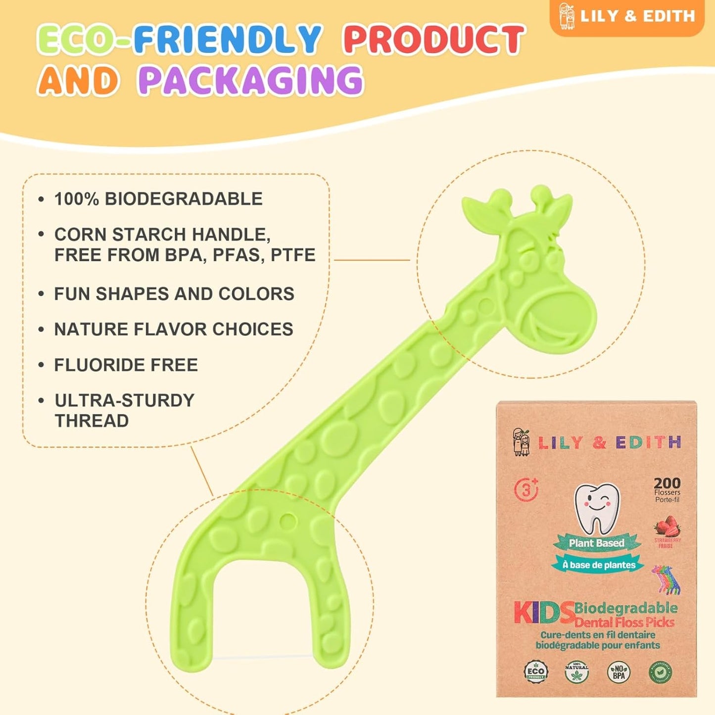 LILY & EDITH Kids Plant Based Dental Floss Picks 200 Counts, Fluoride Free, Corn Starch Material, Chemical Free, Fun Animal Flossing Sticks, Ultra Sturdy Thread, Zero Waste Package (Chocolate)