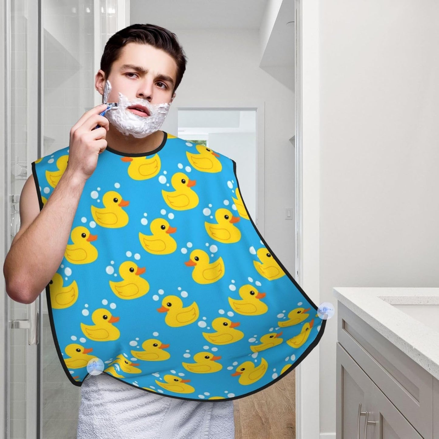 Non-Stick Beard Bib for Shaving, Yellow Rubber Duck Shave Bib, Waterproof Hair Catcher with Suction Cups, Grooming Apron Men Husband