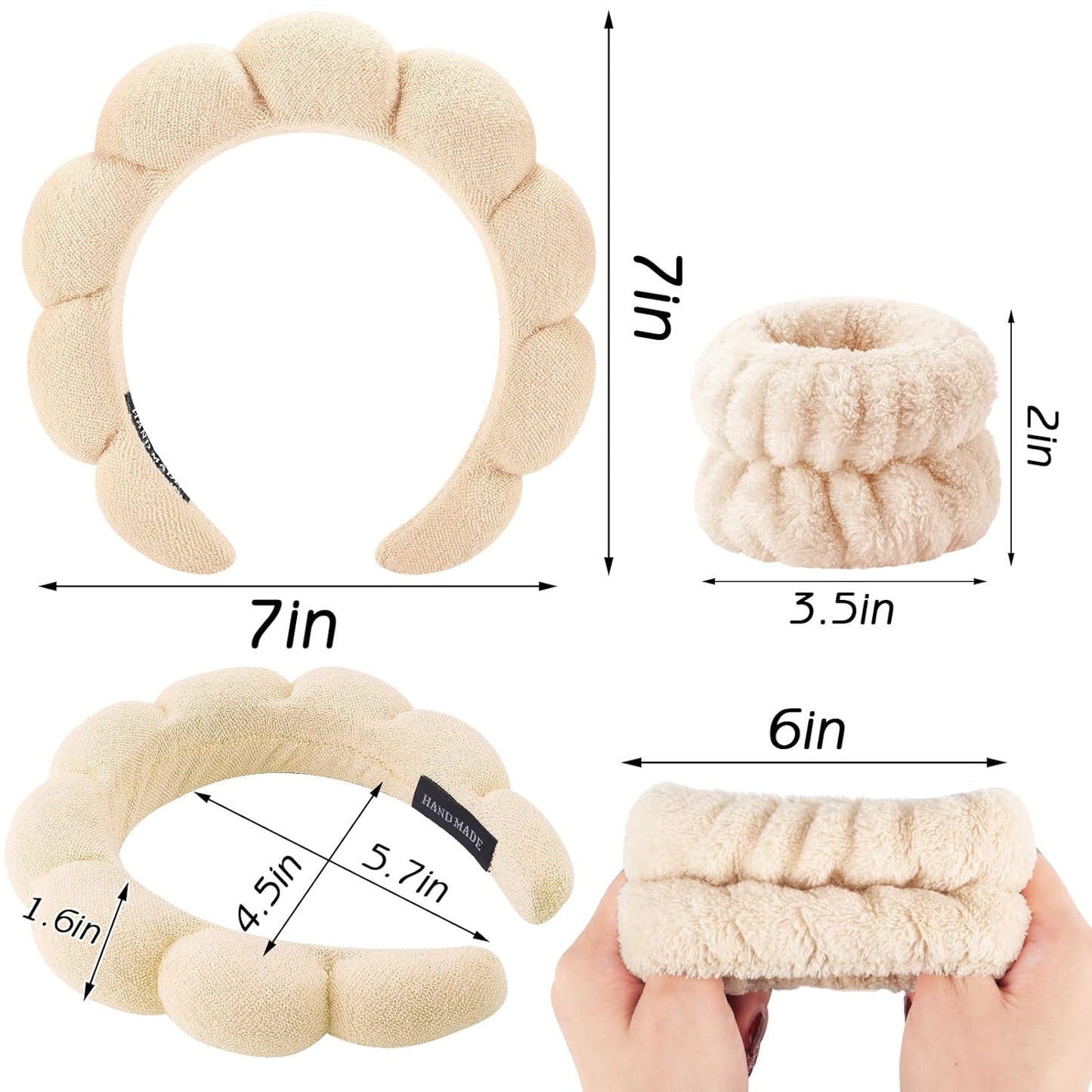 Zkptops 6Pcs Spa Headband for Washing Face Wristband Set Sponge Makeup Skincare Terry Cloth Headband Bubble Soft Get Ready Hairband Women Puffy Padded Headwear Non Slip Hair Accessory(Beige)
