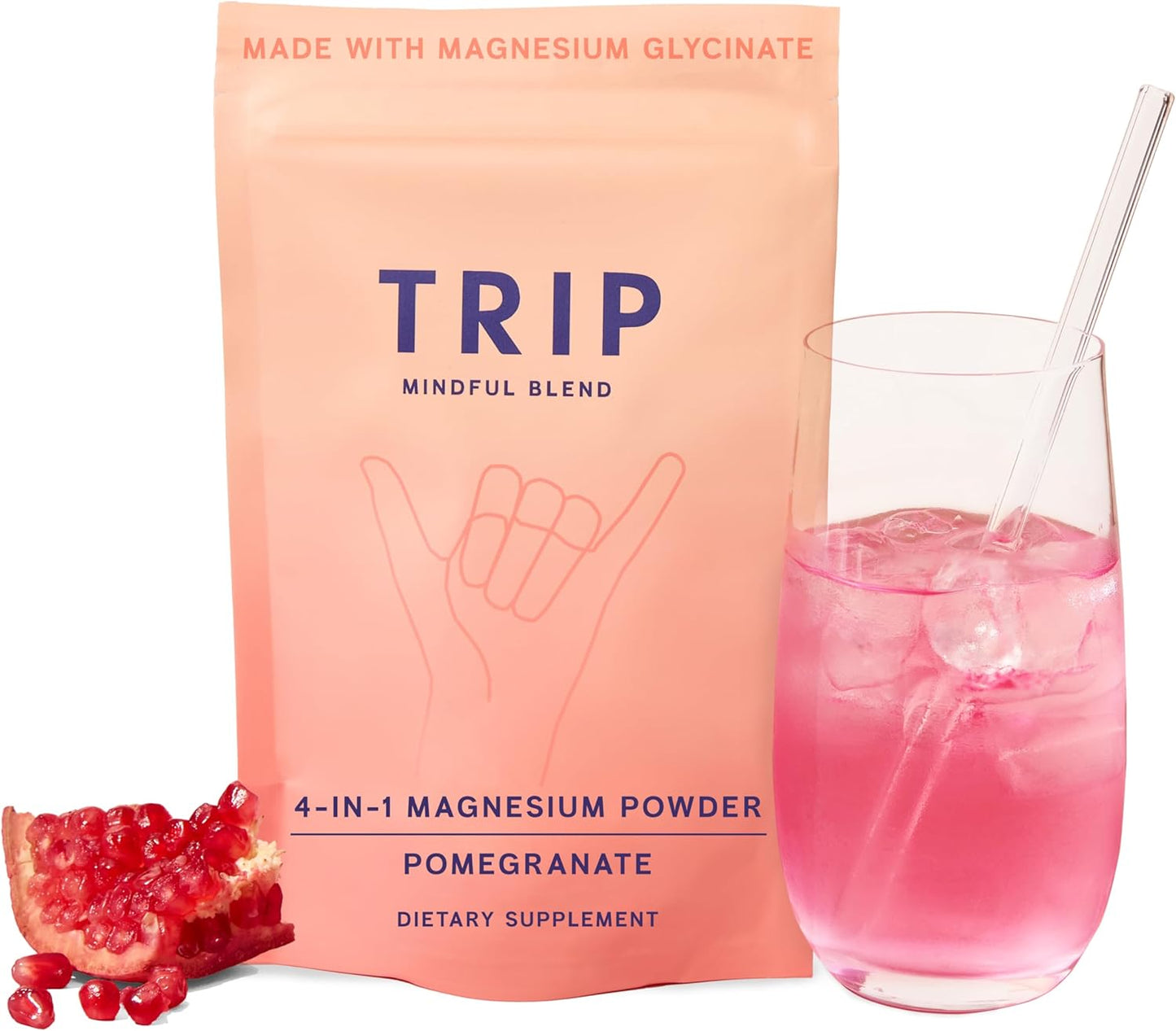 TRIP Magnesium Glycinate Powder with L-Theanine & Lion’s Mane, Sugar Free Magnesium Supplement for Adults, 250mg Magnesium per Drink Mix Serving, Pomegranate Orange Blossom, 1 Bag - 30 Servings