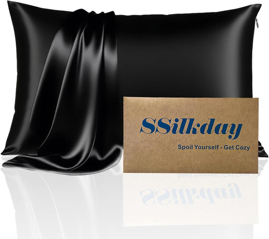 Mulberry Silk Pillow Cases with Zipper, Ultra Smooth Soft Breathable Cooling Pillow Cases for Hot Sleepers, Silk Satin Pillowcase for Hair and Skin, Gifts for Women (Black, Standard Size, 1 Pack)