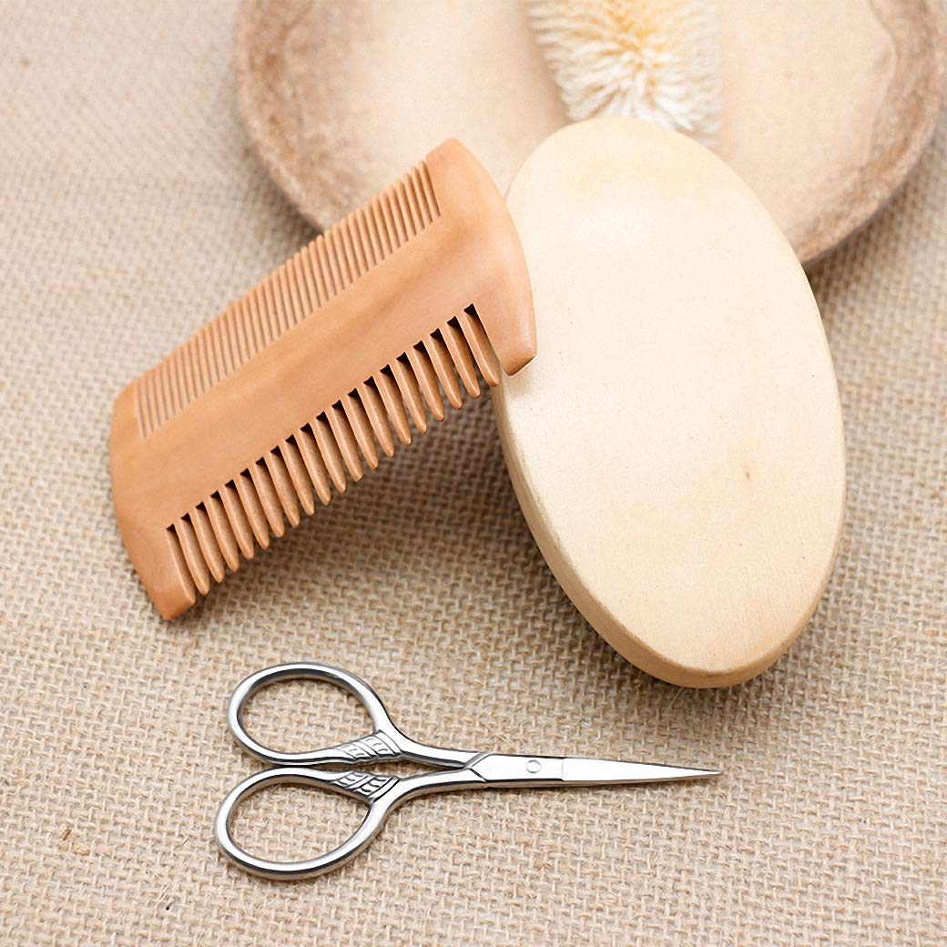 Hair Dough Beard Brush & Comb, Scissors Set for Men, Set Includes Soft Boar Bristle Brush, Bamboo Wide Tooth Comb, and Mustache Trimming Scissors, Straighten & Soften Your Beard