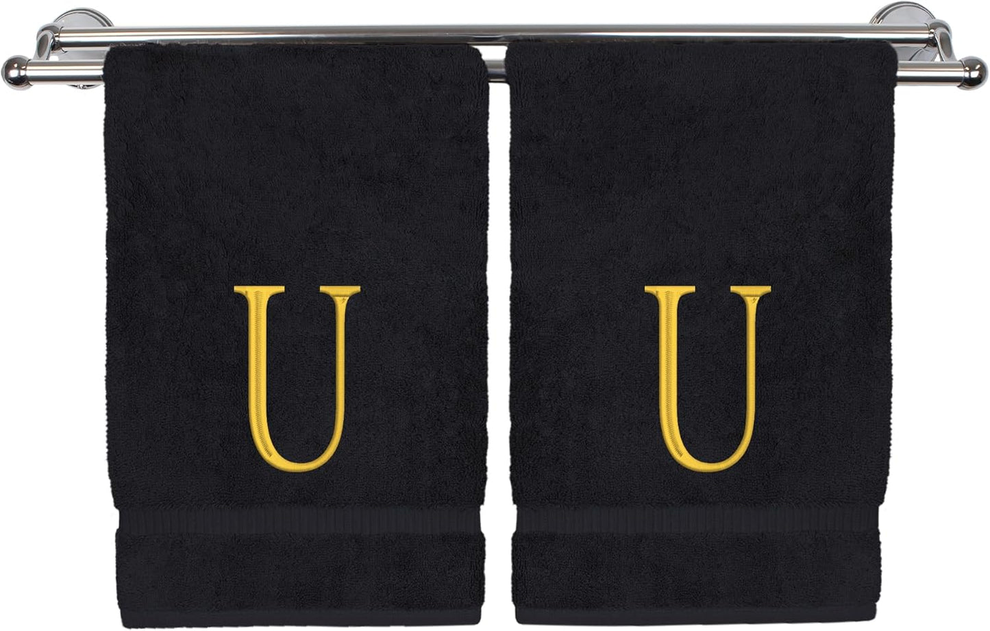 Monogrammed Hand Towel, Personalized Initial Gift, Extra Absorbent 100% Turkish Cotton - Soft Terry Finish - Set of 2 - Gold Block Initial U - Embroidered on Black Towels